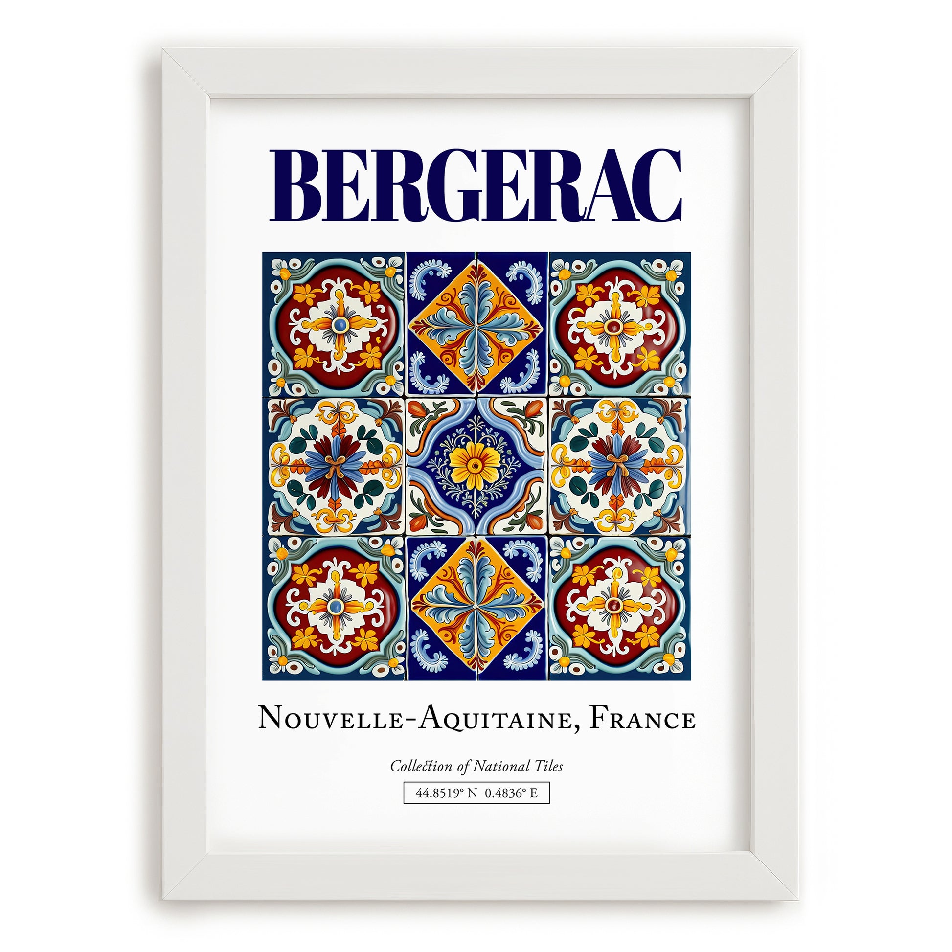 Bergerac, France – Travel Poster, placed in minimal white frame