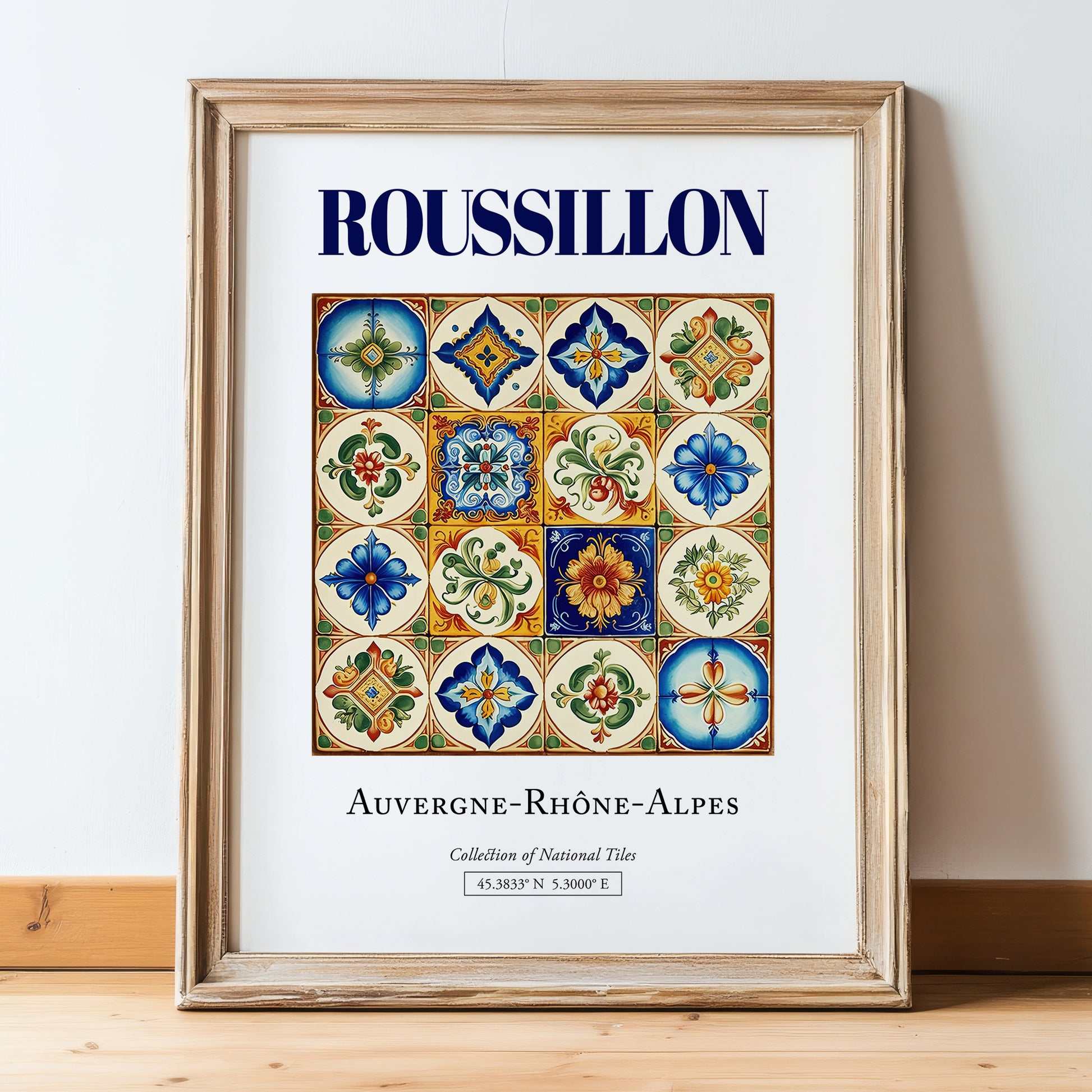 Roussillon, France – Travel Poster, in wooden frame leaning on the floor