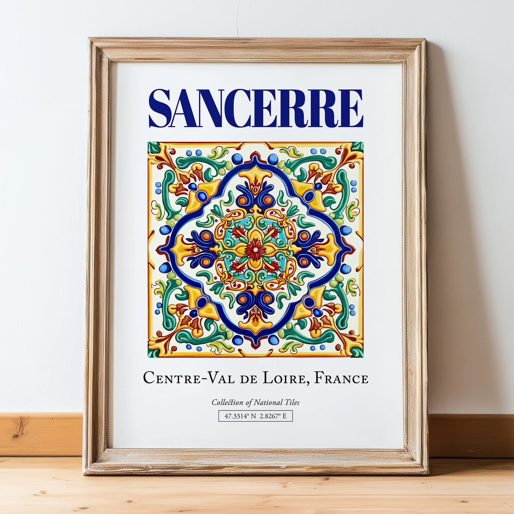 Sancerre, France – Travel Print, in wooden frame leaning on the floor
