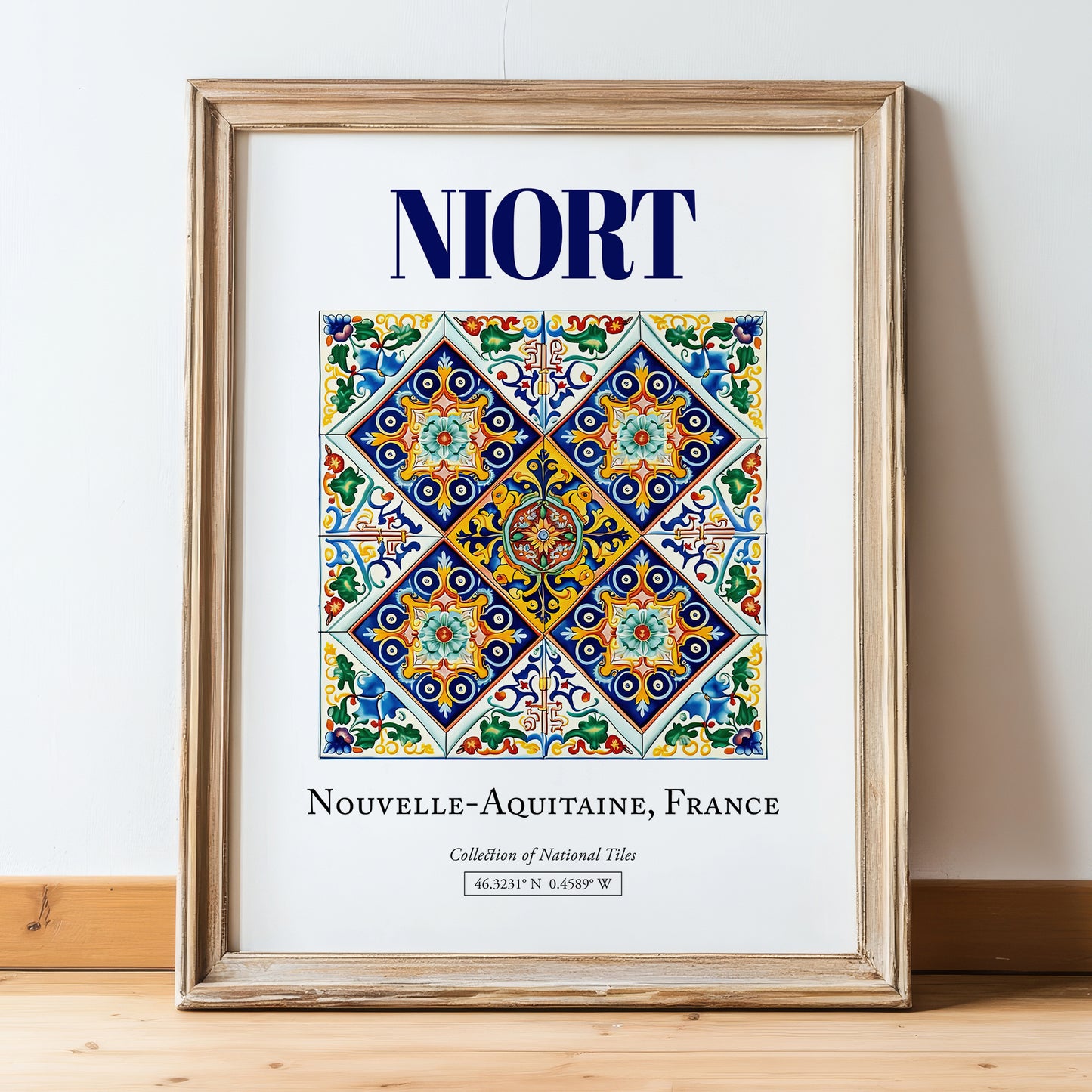 Niort, France – World Travel Art, in wooden frame leaning on the floor