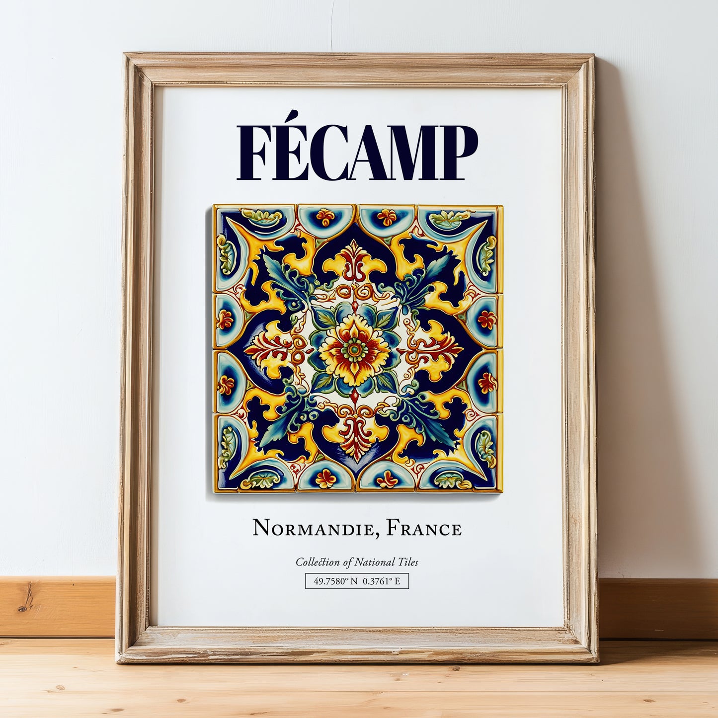 Fécamp, France – Away From Home Poster, in wooden frame leaning on the floor