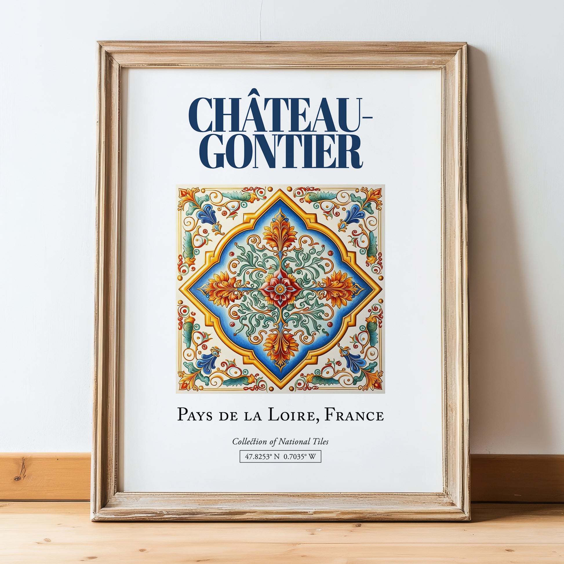 Château-Gontier, France – Travel Wall Decor, in wooden frame leaning on the floor