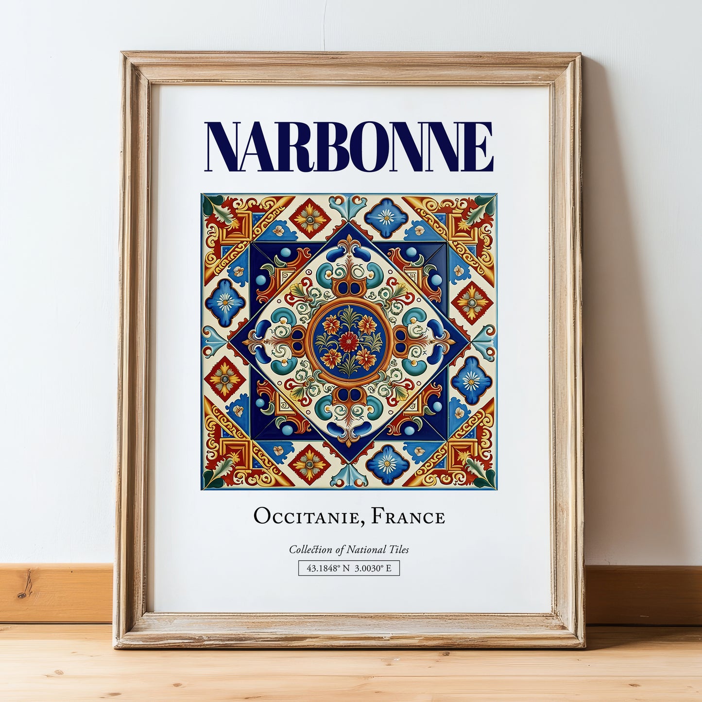 Narbonne, France – Travel Poster, in wooden frame leaning on the floor