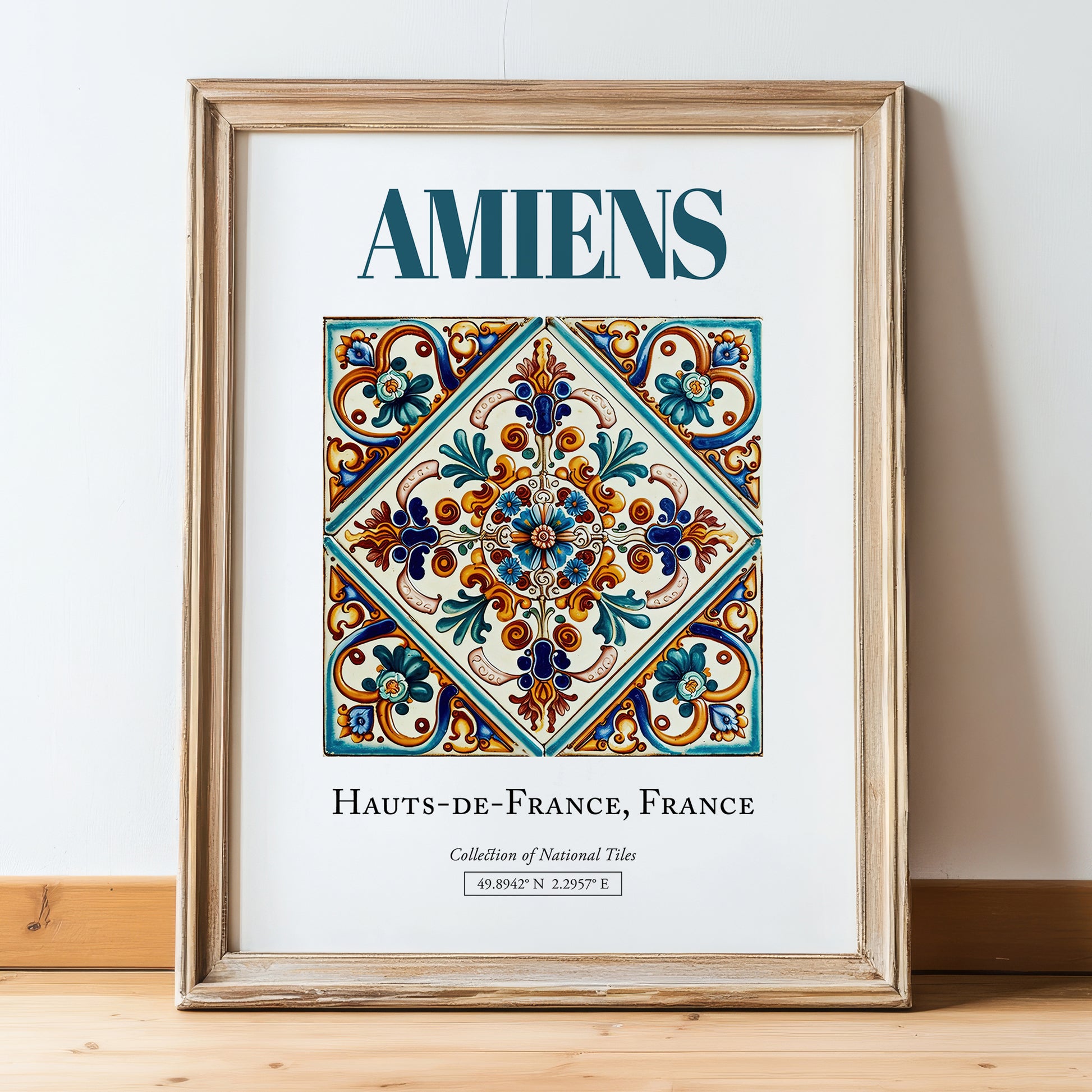 Amiens, France – Travel Print, in wooden frame leaning on the floor