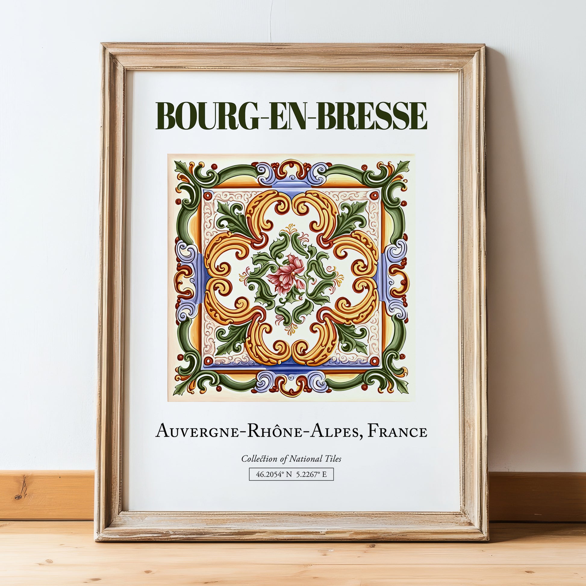 Bourg-en-Bresse, France – Travel Poster, in wooden frame leaning on the floor