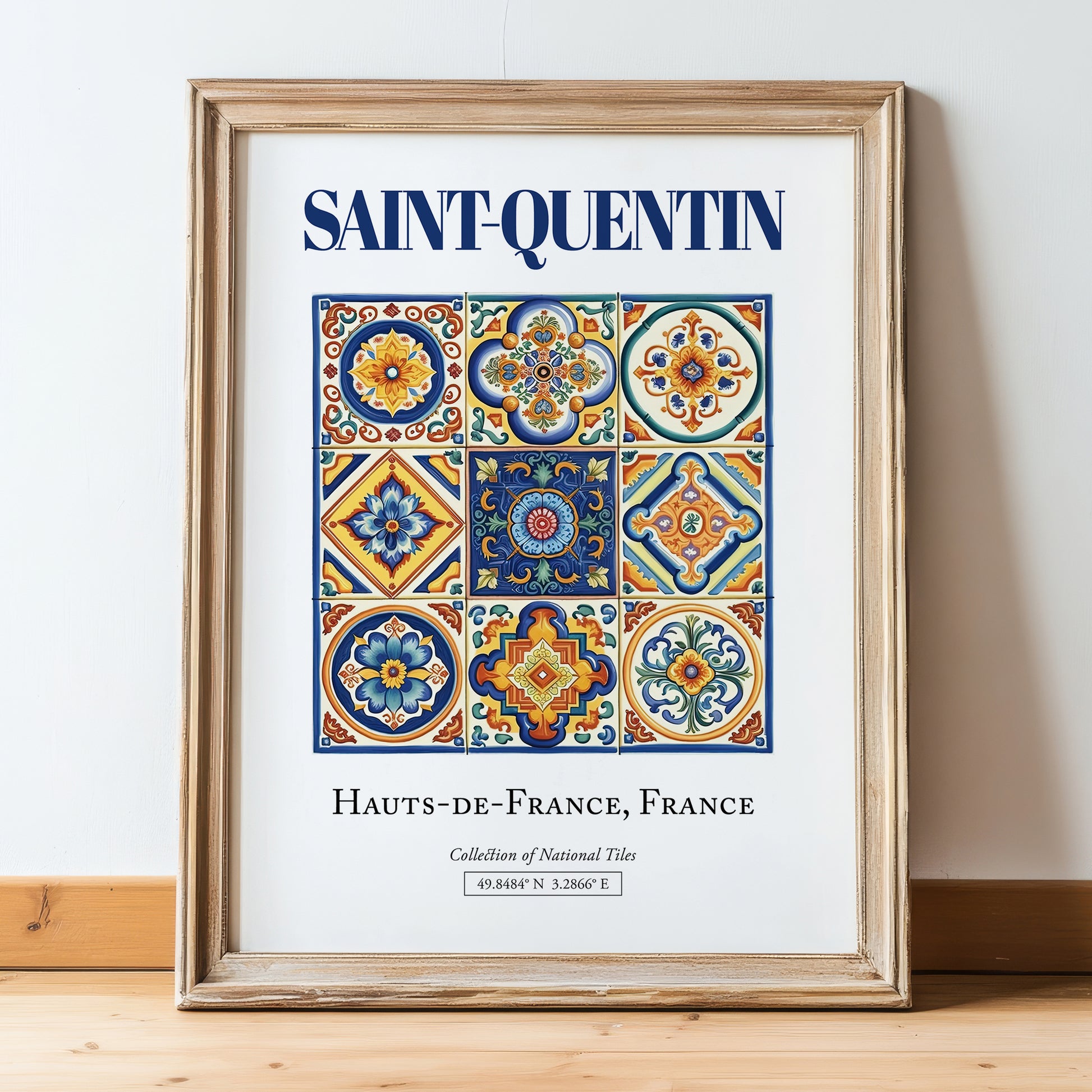 Saint-Quentin, France – Travel Poster, in wooden frame leaning on the floor