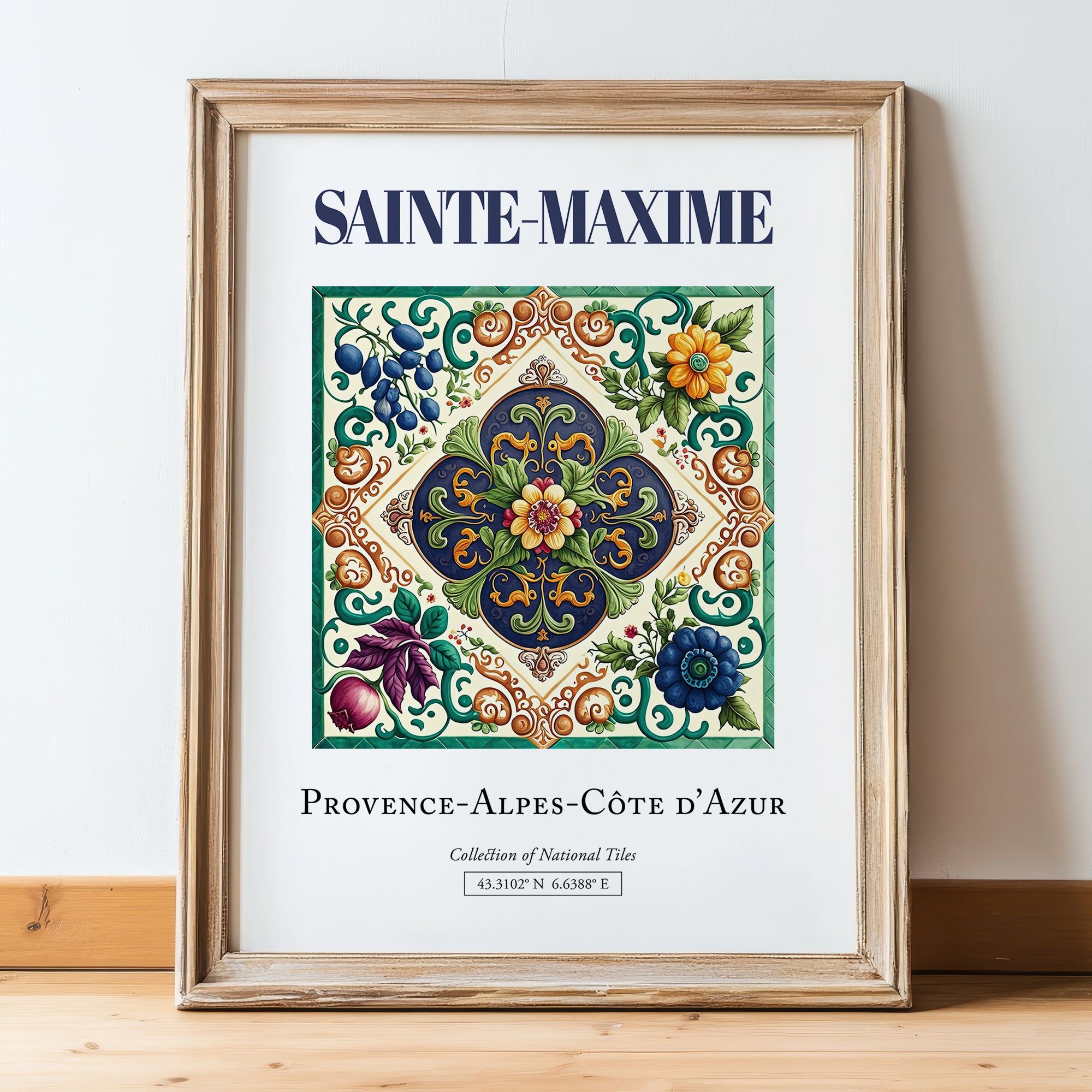 Sainte-Maxime, France – Country Culture Poster, in wooden frame leaning on the floor