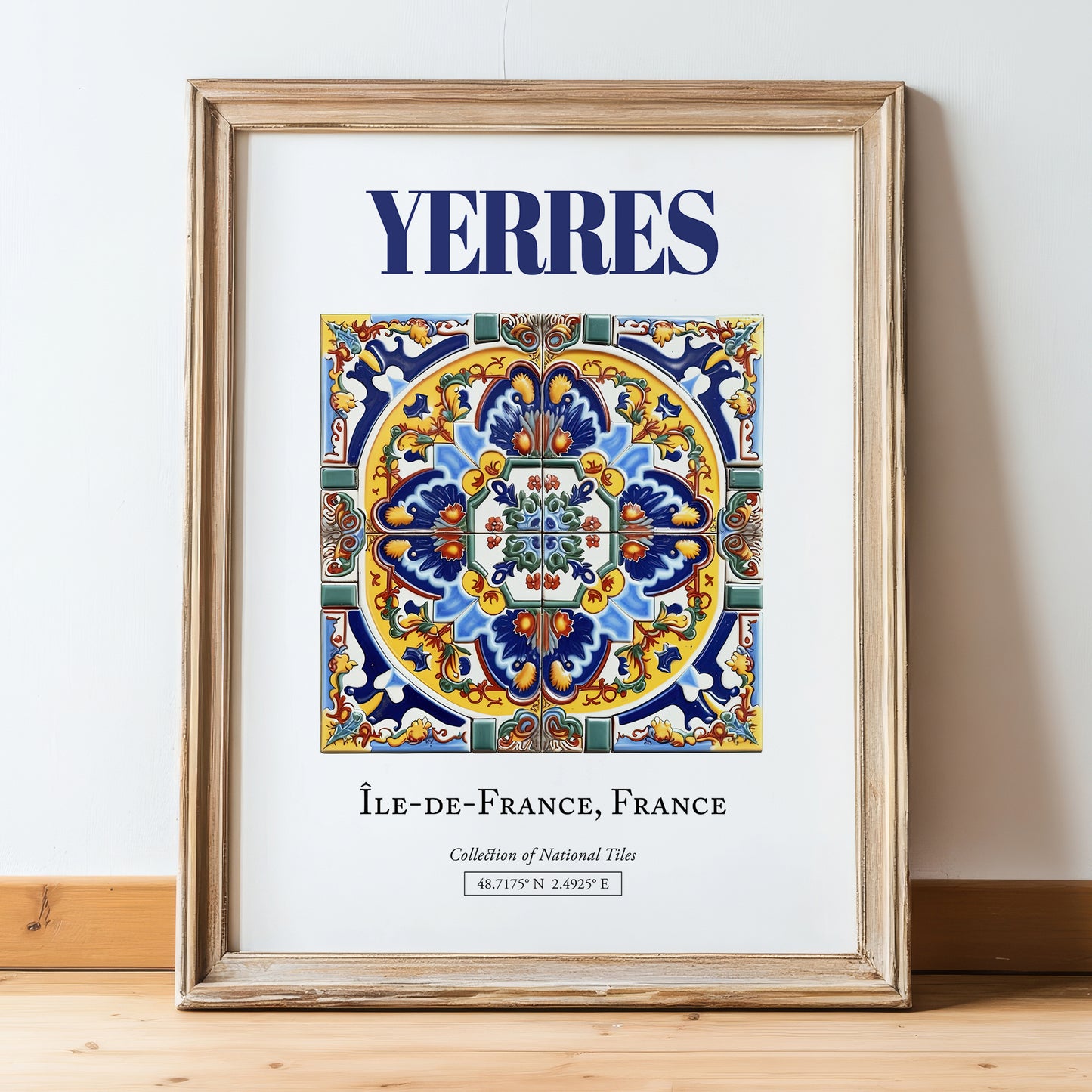 Yerres, France – Travel Poster, in wooden frame leaning on the floor