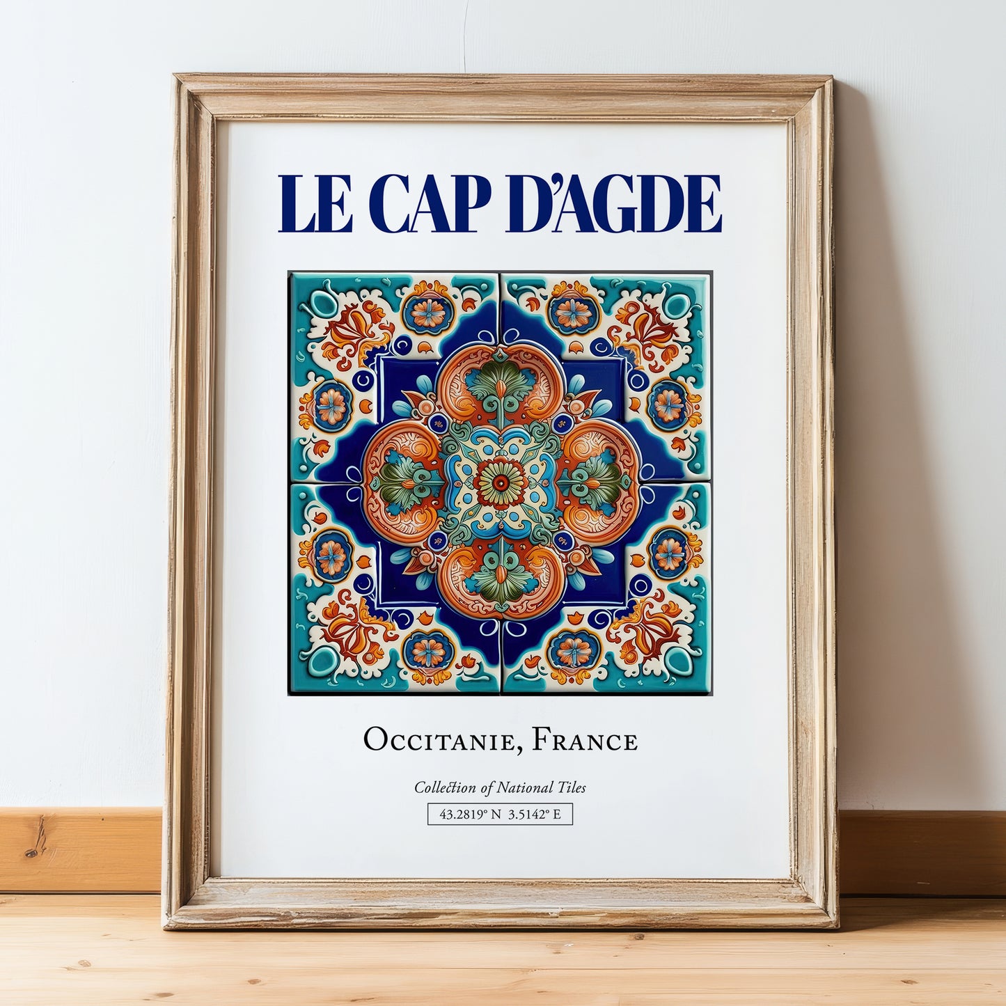 Le Cap d'Agde, France – Travel Poster, in wooden frame leaning on the floor