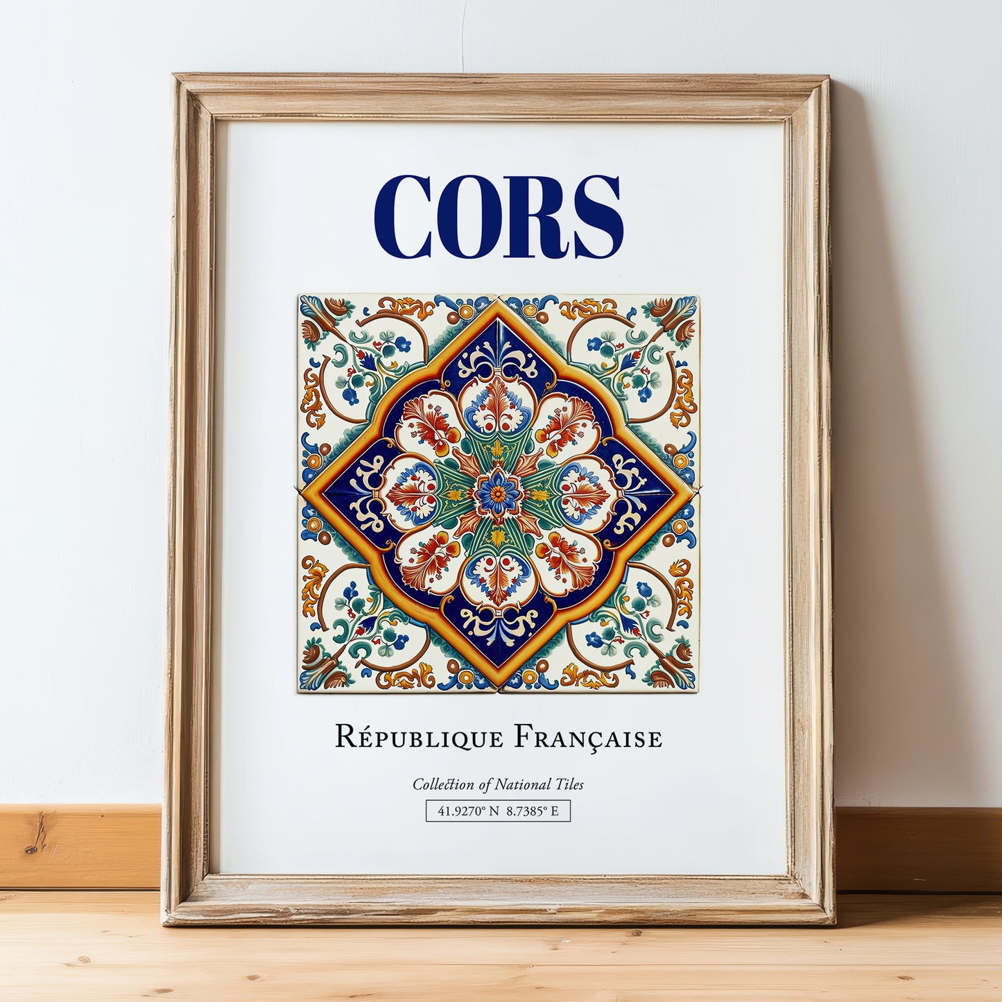 Cors, France – World Heritage Travel Poster, in wooden frame leaning on the floor