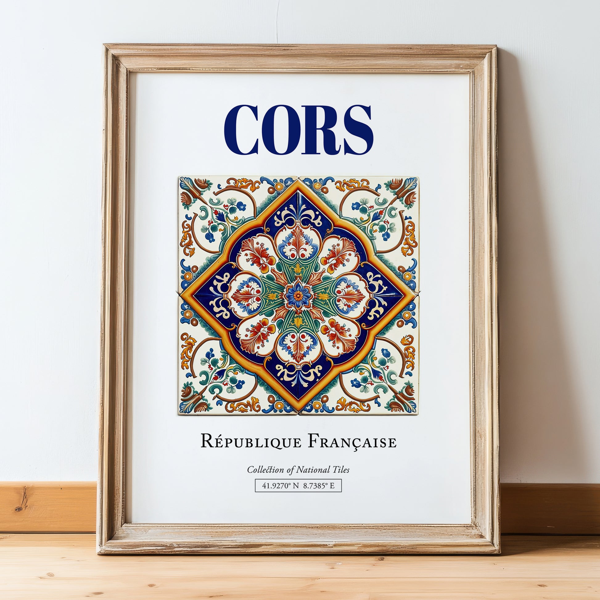 Cors, France – World Heritage Travel Poster, in wooden frame leaning on the floor