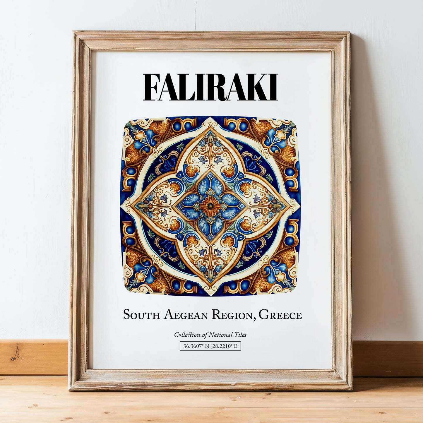 Faliraki, Greece – Architectural Travel Art, in wooden frame leaning on the floor