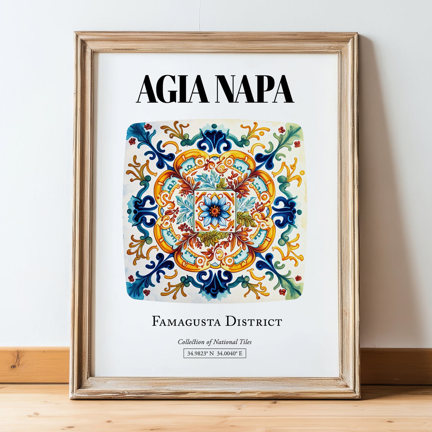 Agia Napa, Greece – Travel Poster, in wooden frame leaning on the floor