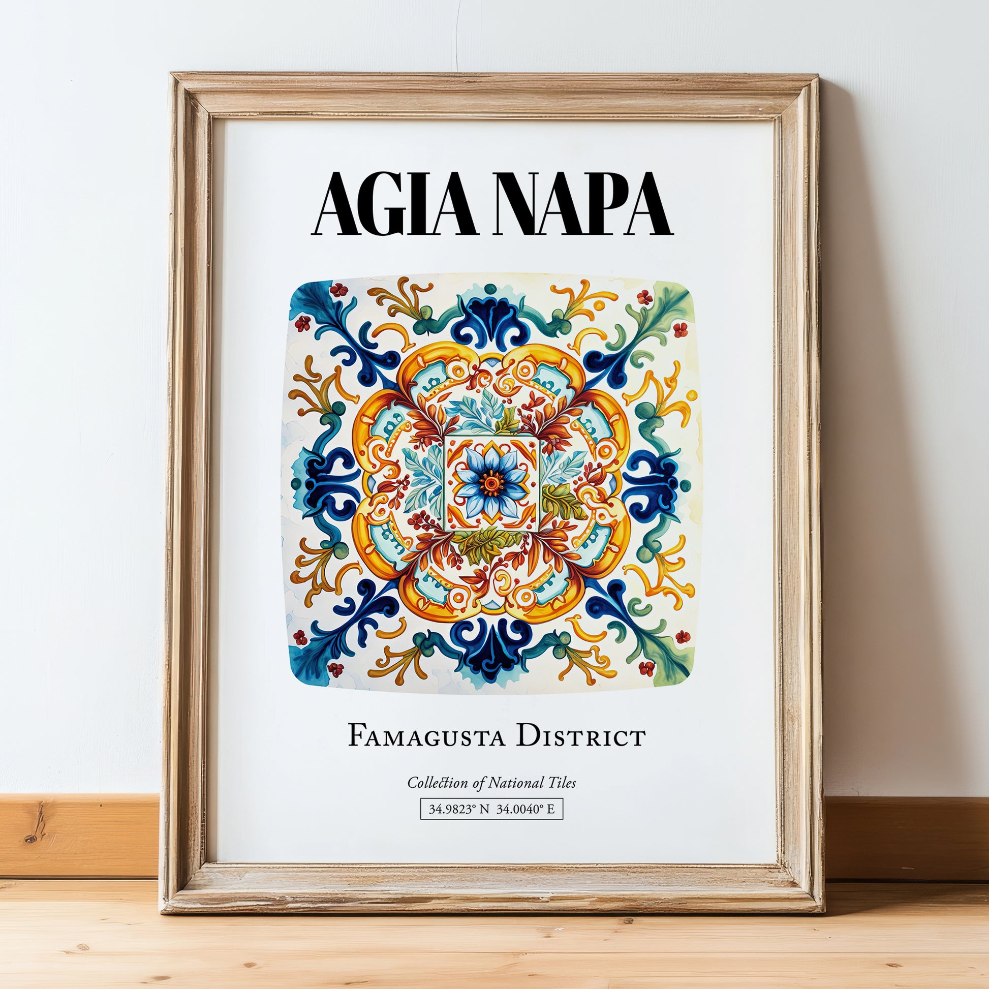 Agia Napa, Greece – Travel Poster, in wooden frame leaning on the floor