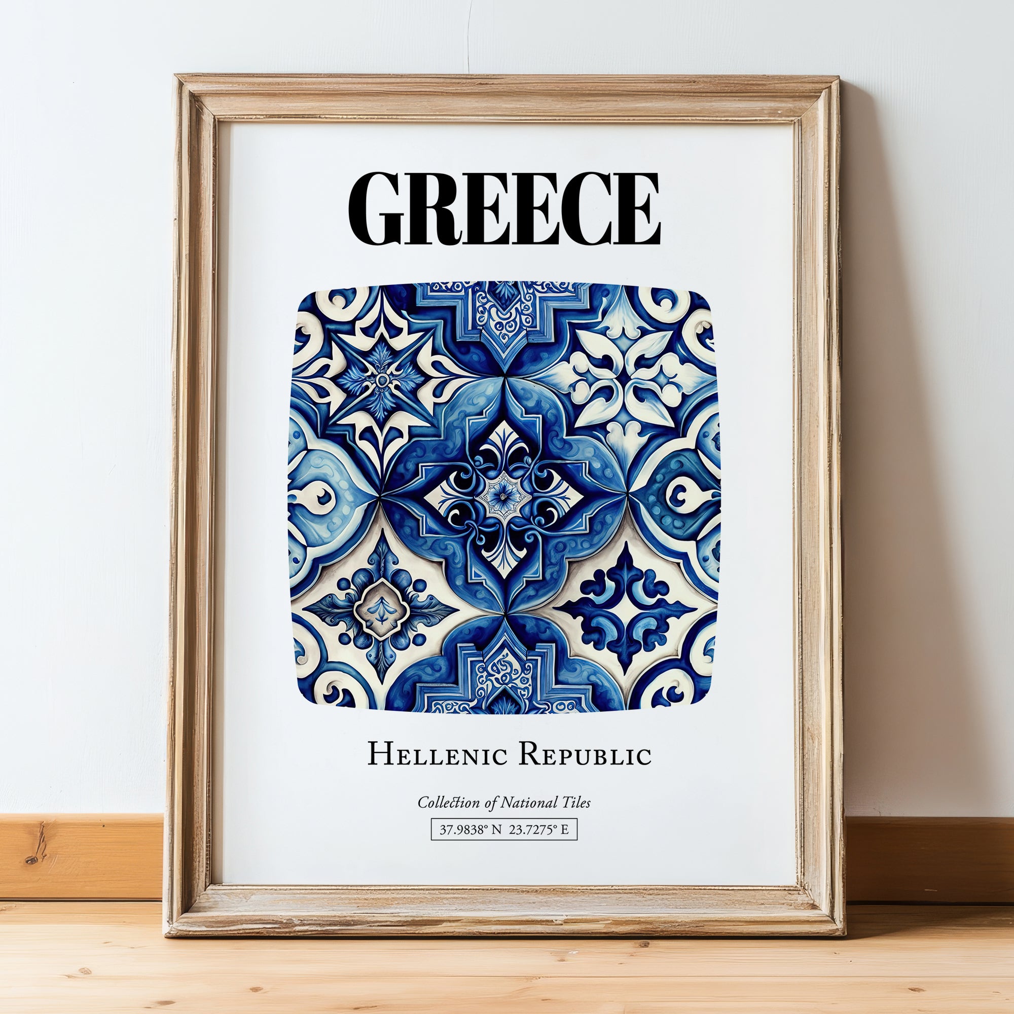 Greece, Hellenic Republic – Travel Print, in wooden frame leaning on the floor