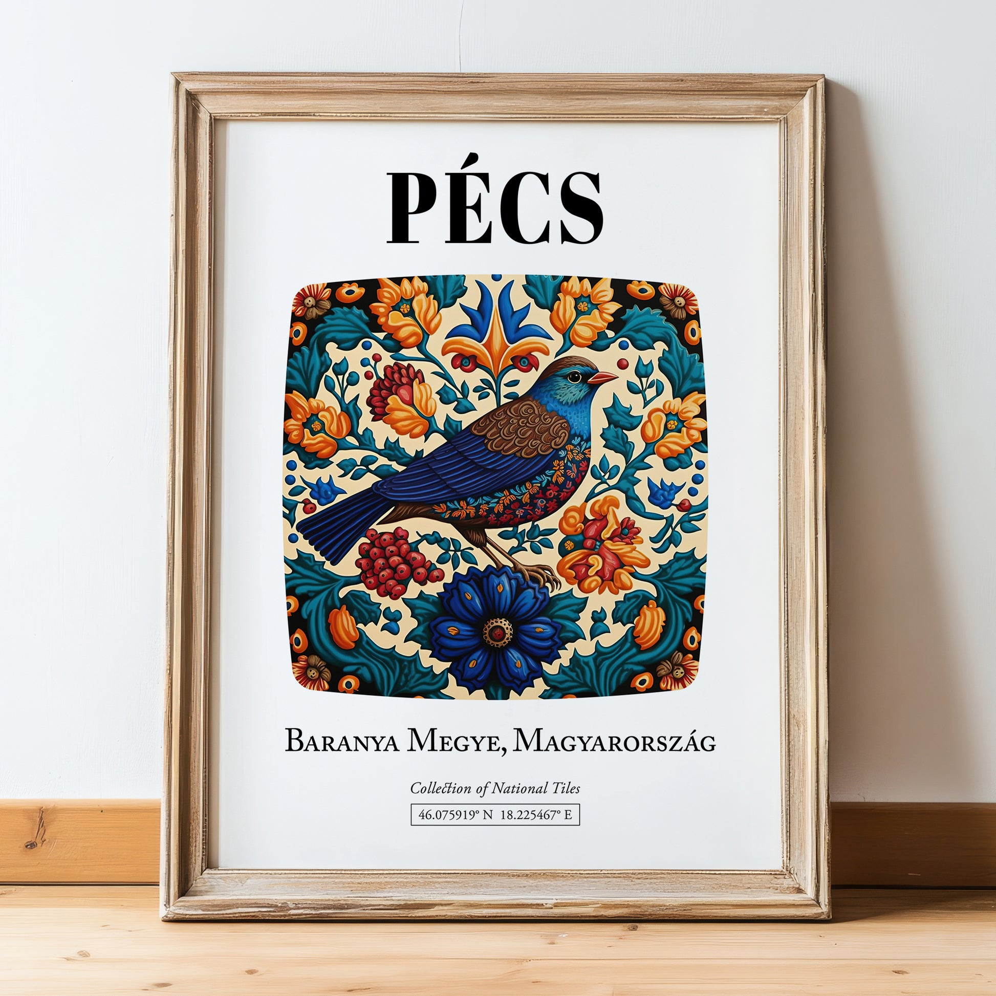Pécs, Hungary – Global Cities Wall Print, in wooden frame leaning on the floor