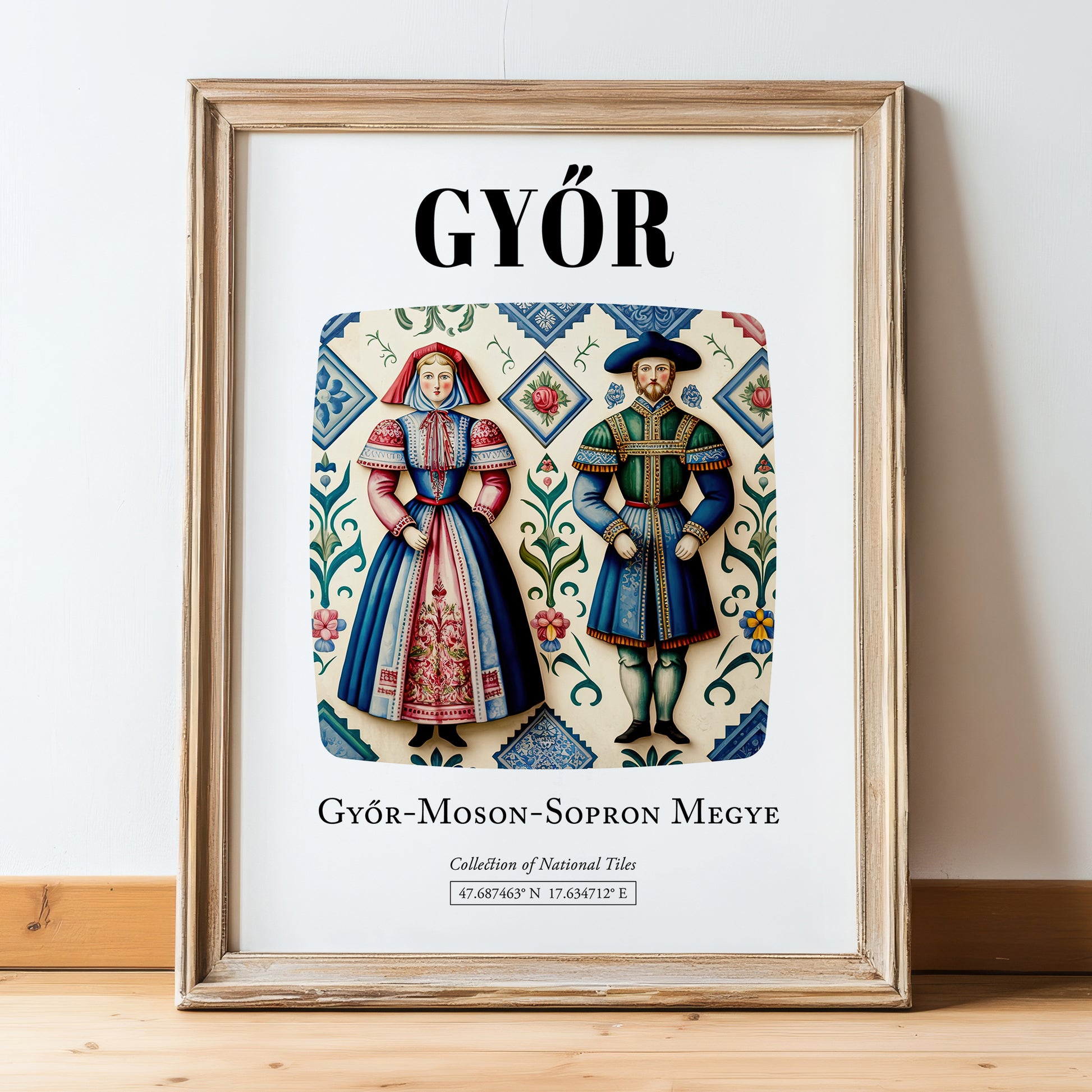 Győr, Hungary – Travel Poster, in wooden frame leaning on the floor
