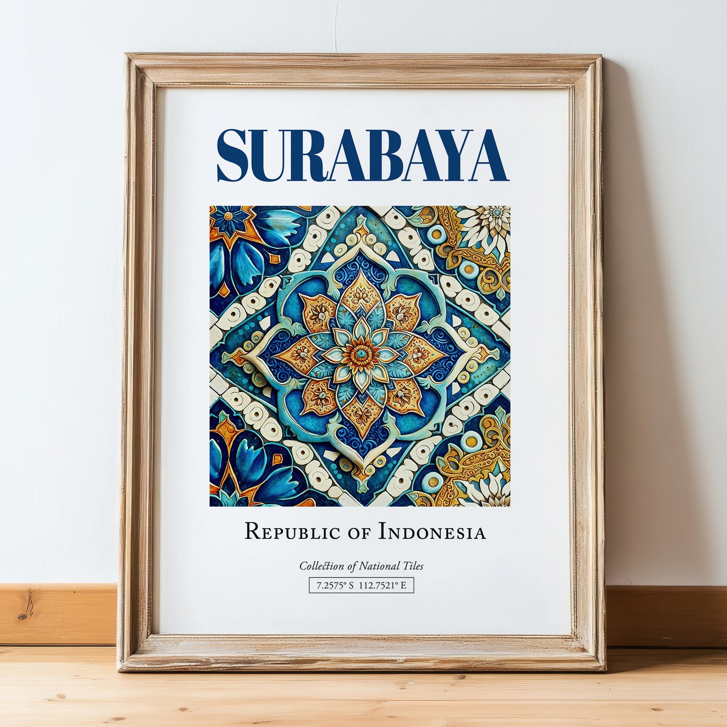 Surabaya, Indonesia – Travel Poster, in wooden frame leaning on the floor