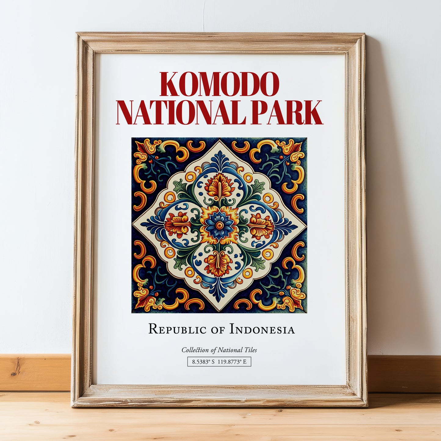 Komodo National Park, Indonesia – Travel Print, in wooden frame leaning on the floor