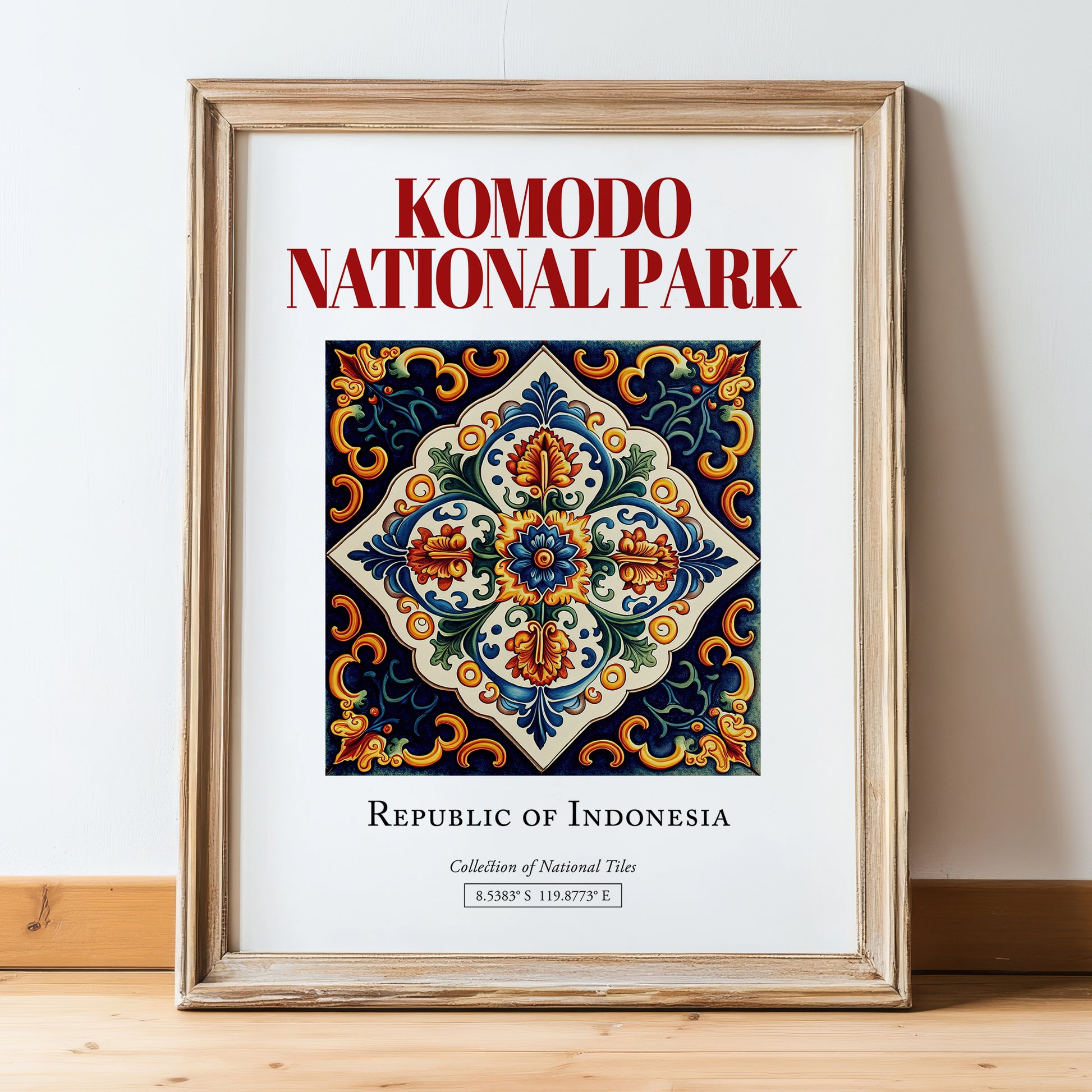 Komodo National Park, Indonesia – Travel Print, in wooden frame leaning on the floor