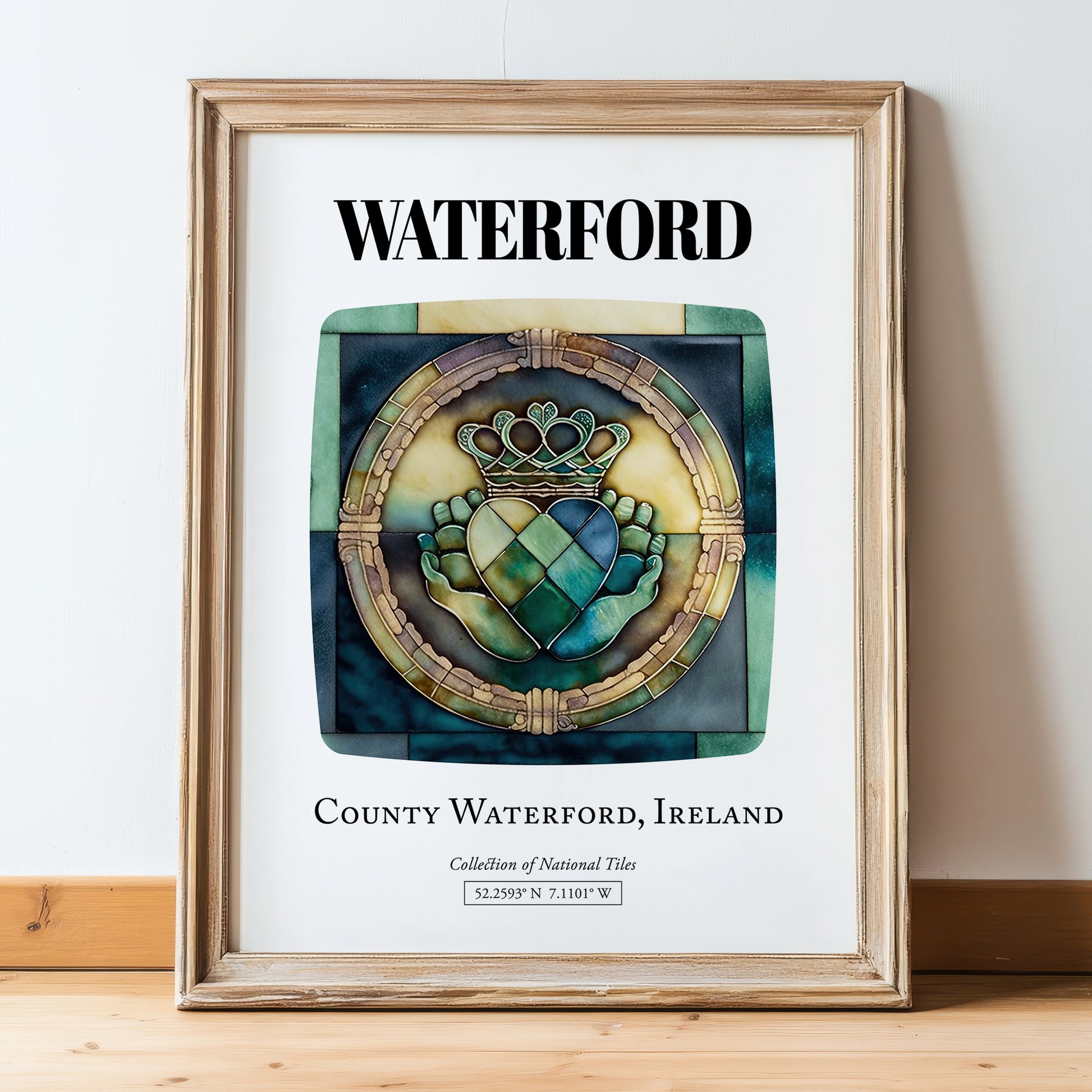 Waterford, Ireland – Travel Poster, in wooden frame leaning on the floor