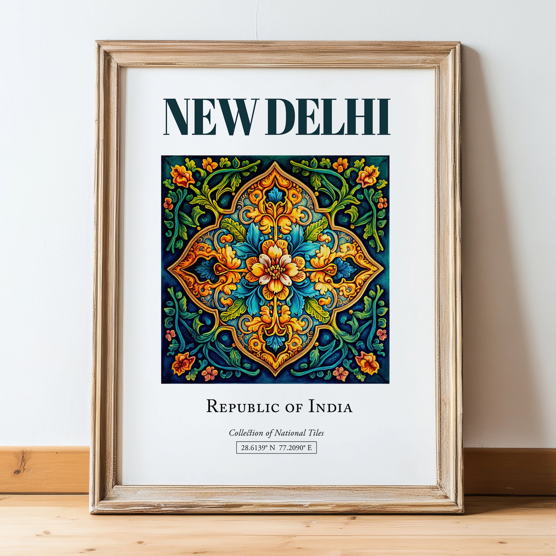 New Delhi, India – Travel Poster, in wooden frame leaning on the floor