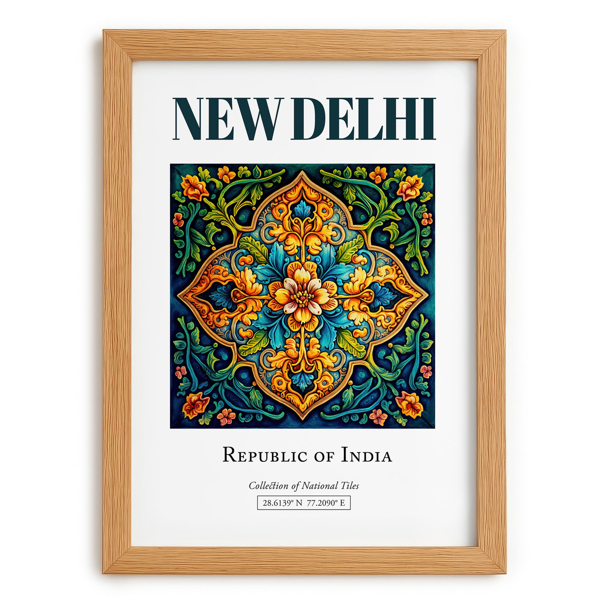 New Delhi, India – Travel Poster, set in oak frame