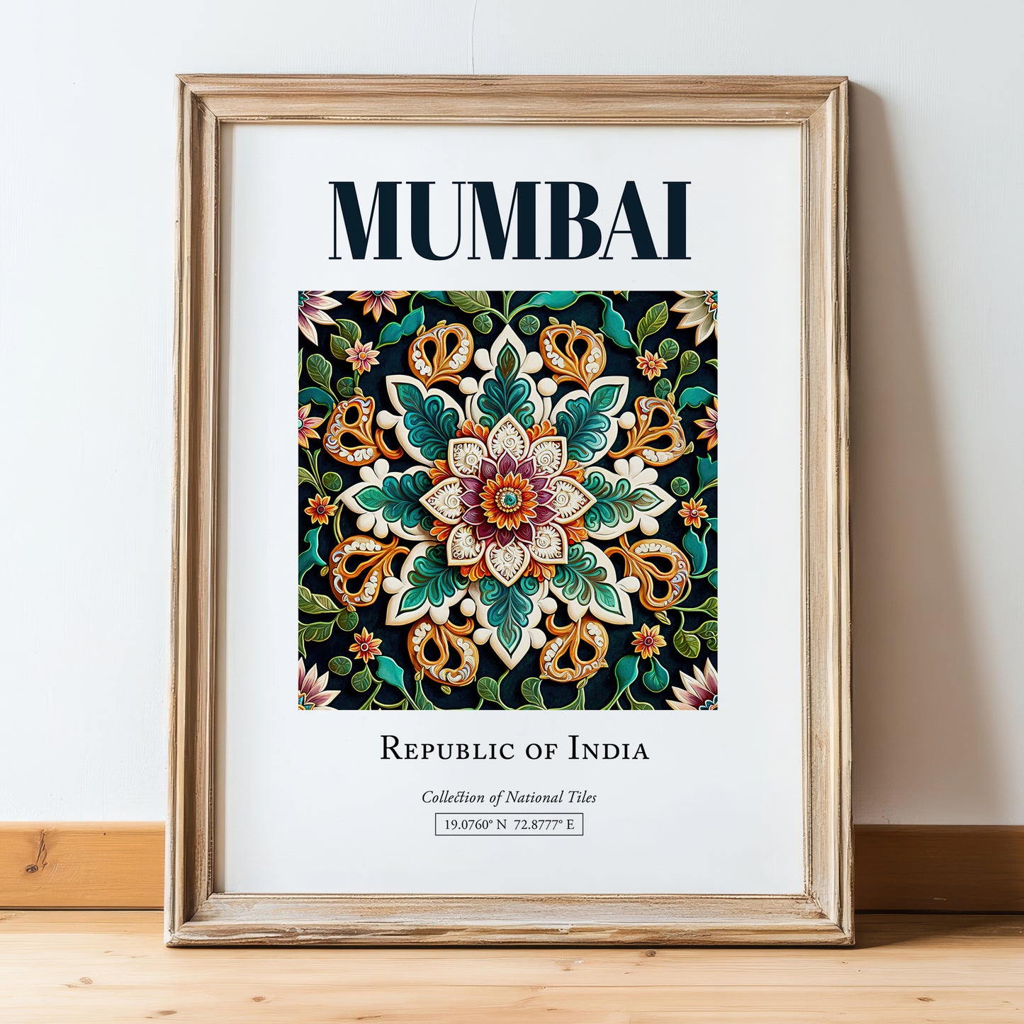 Mumbai, India – Minimalist Travel Print, in wooden frame leaning on the floor
