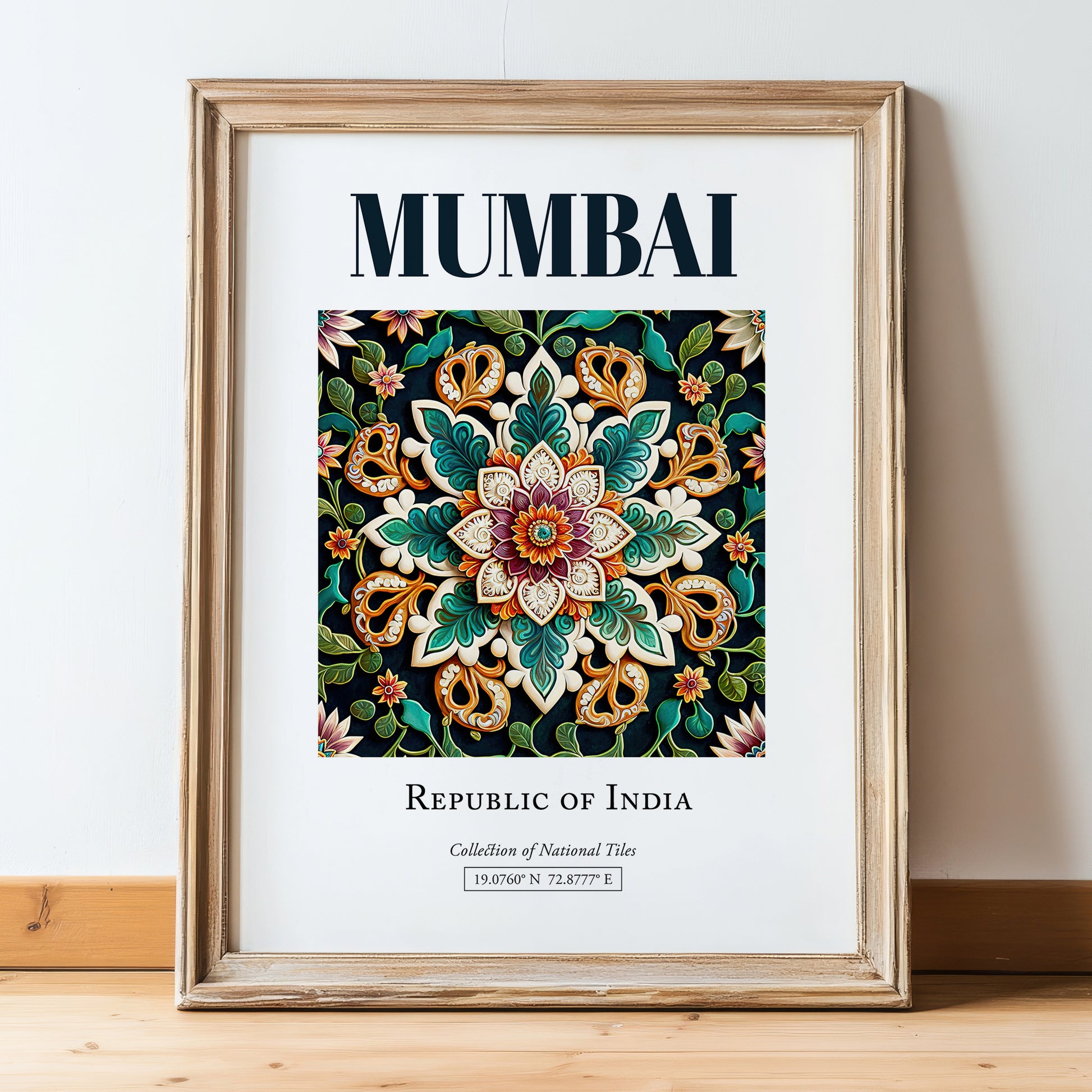 Mumbai, India – Minimalist Travel Print, in wooden frame leaning on the floor