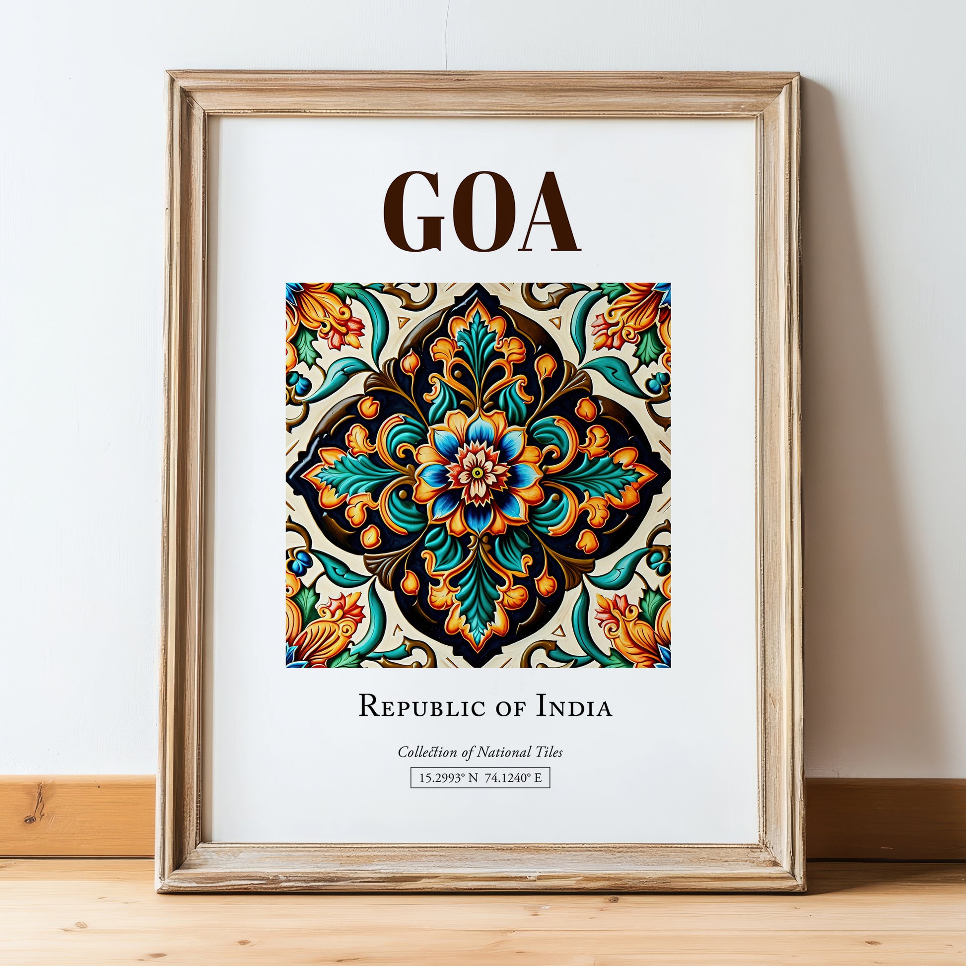 Goa, India – Travel Wall Decor, in wooden frame leaning on the floor