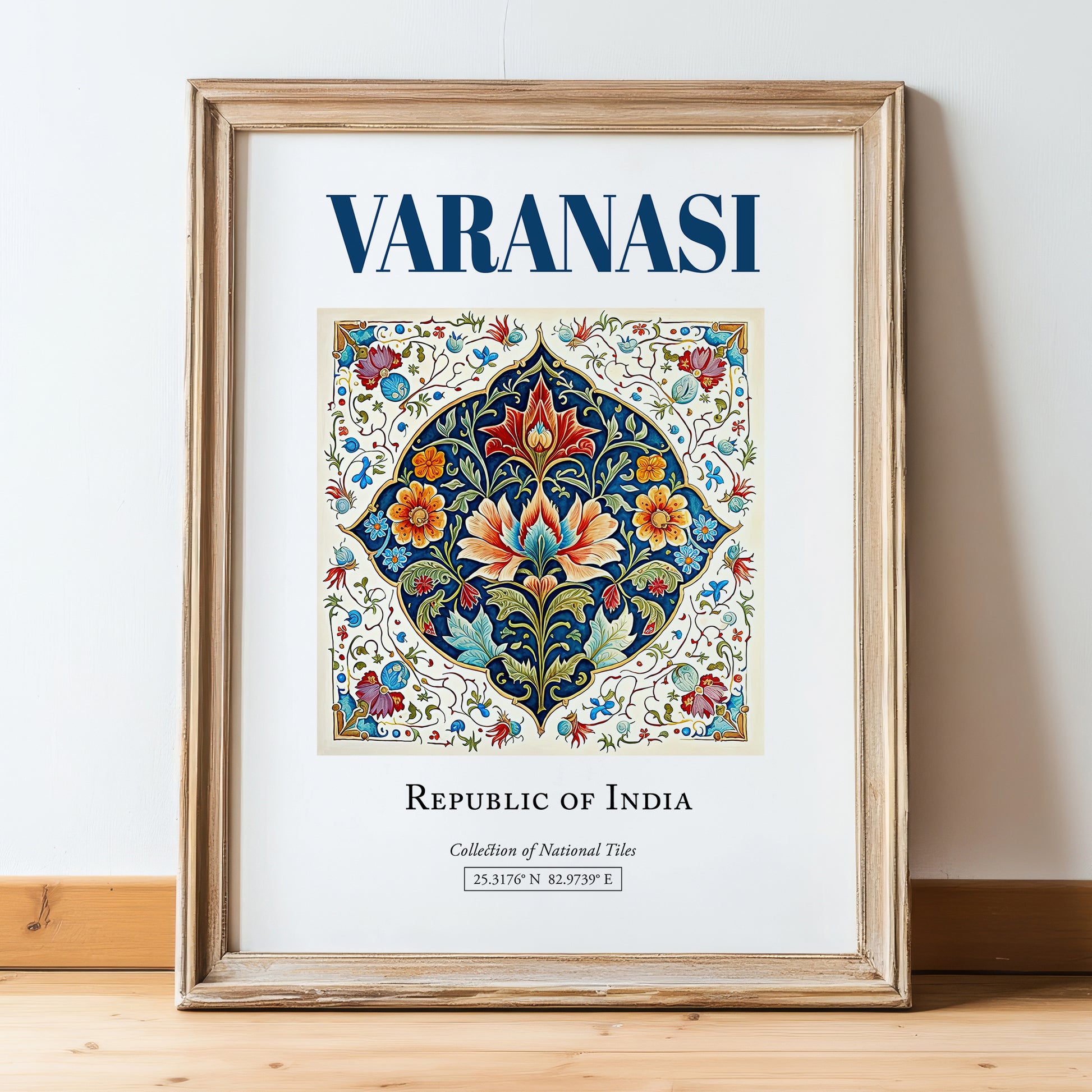 Varanasi, India – Minimalist Travel Print, in wooden frame leaning on the floor