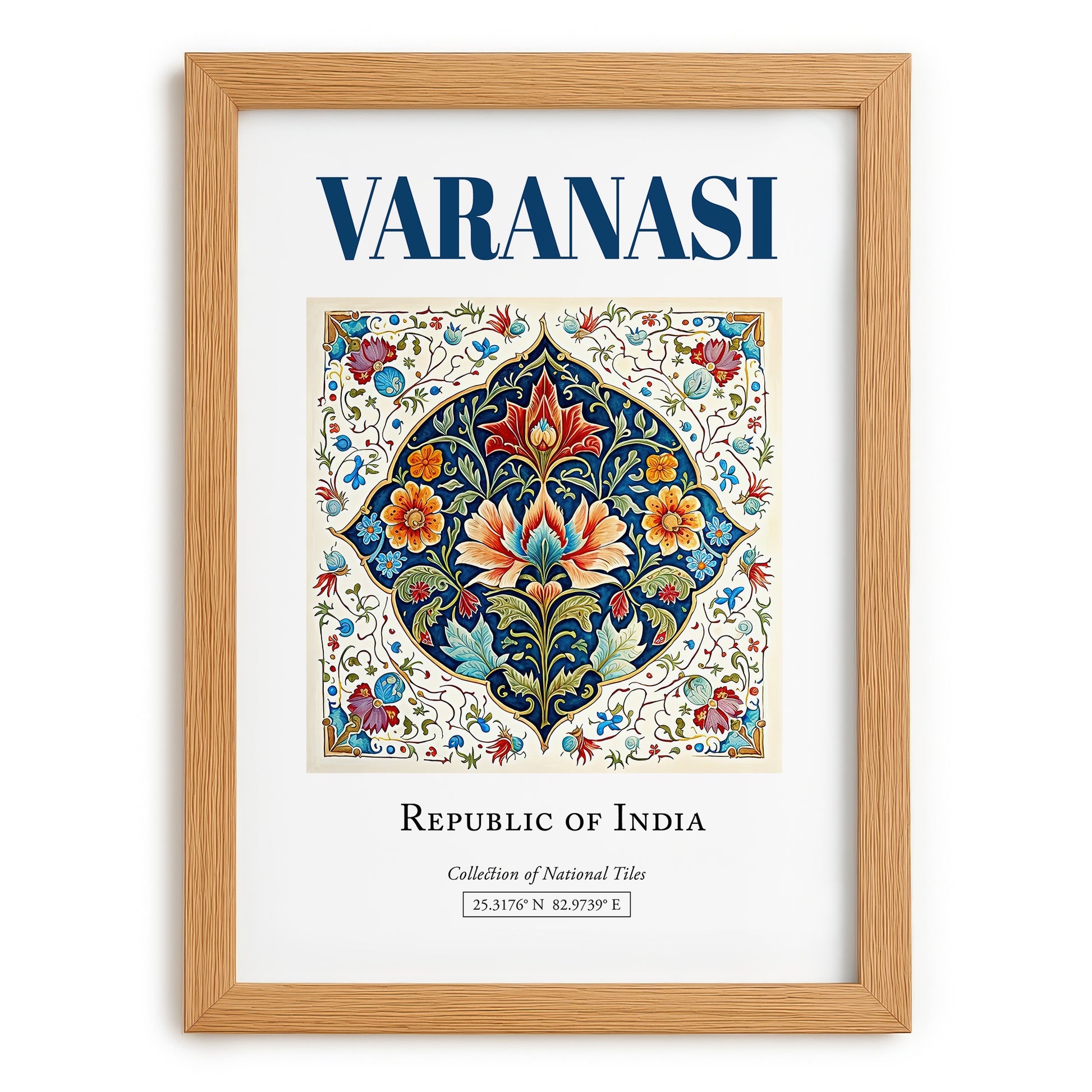 Varanasi, India – Minimalist Travel Print, set in oak frame
