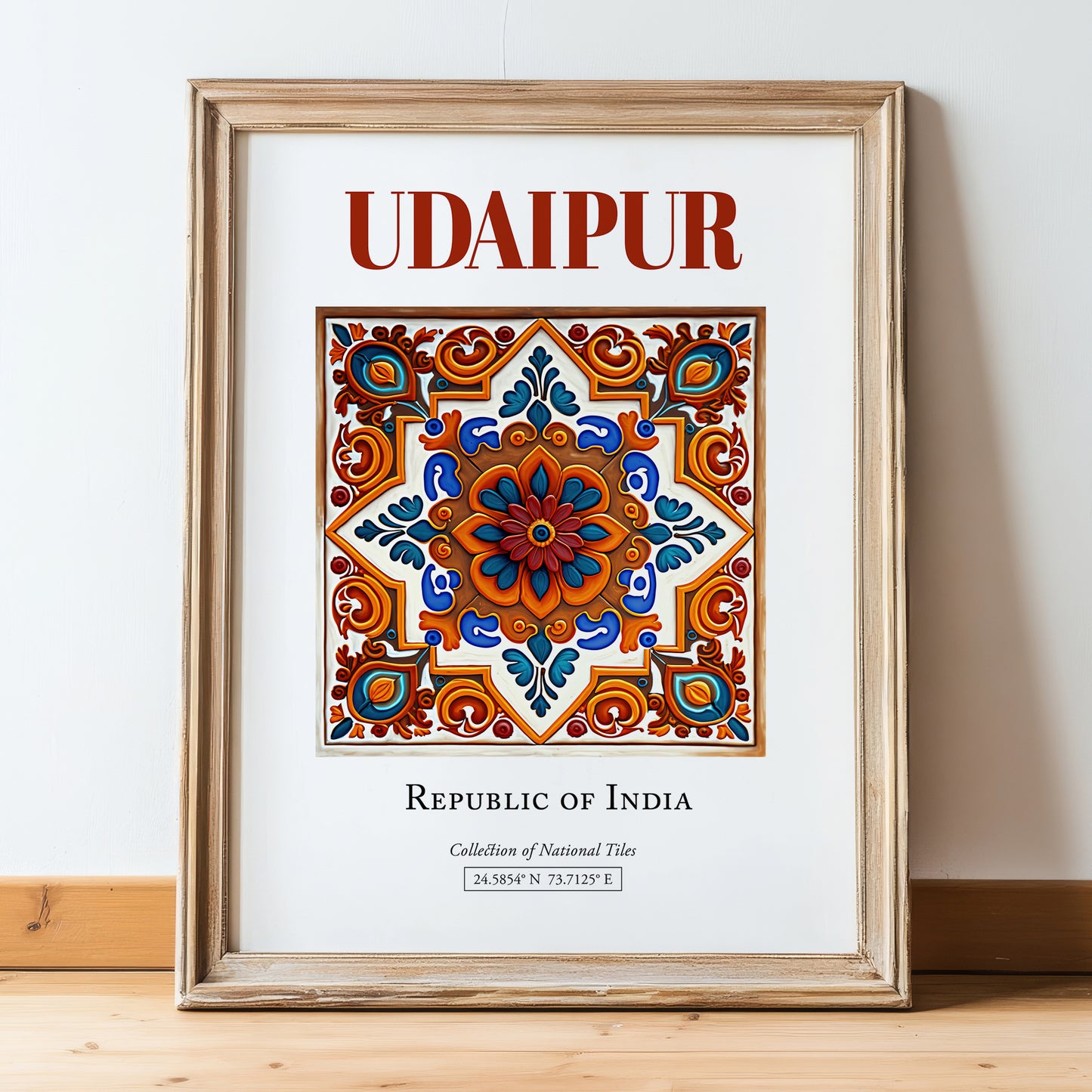 Udaipur, India – Travel Poster, in wooden frame leaning on the floor