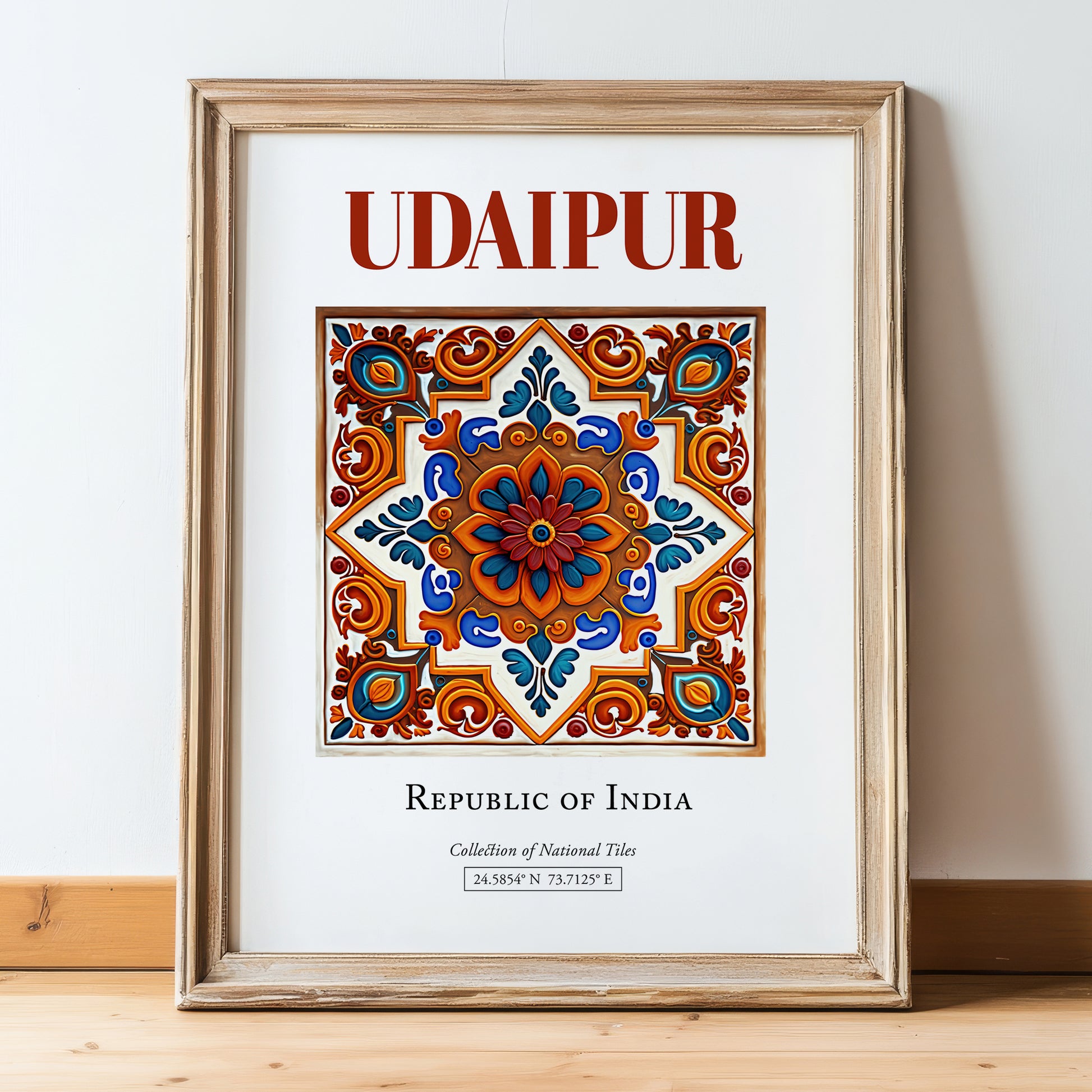 Udaipur, India – Travel Poster, in wooden frame leaning on the floor