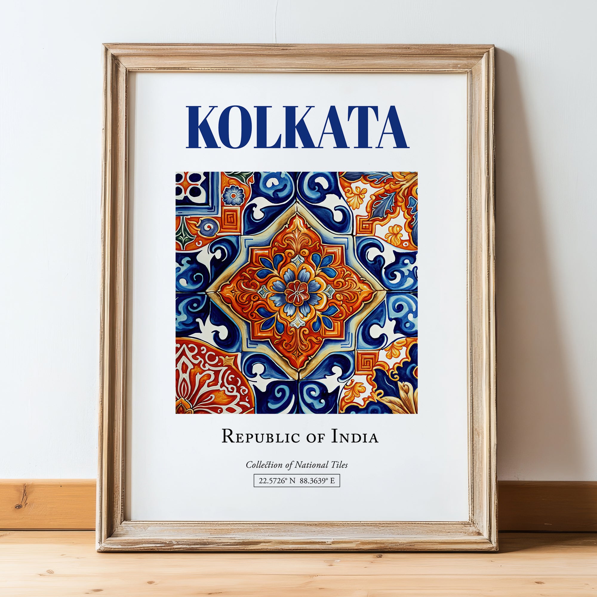 Kolkata, India – Travel Poster, in wooden frame leaning on the floor