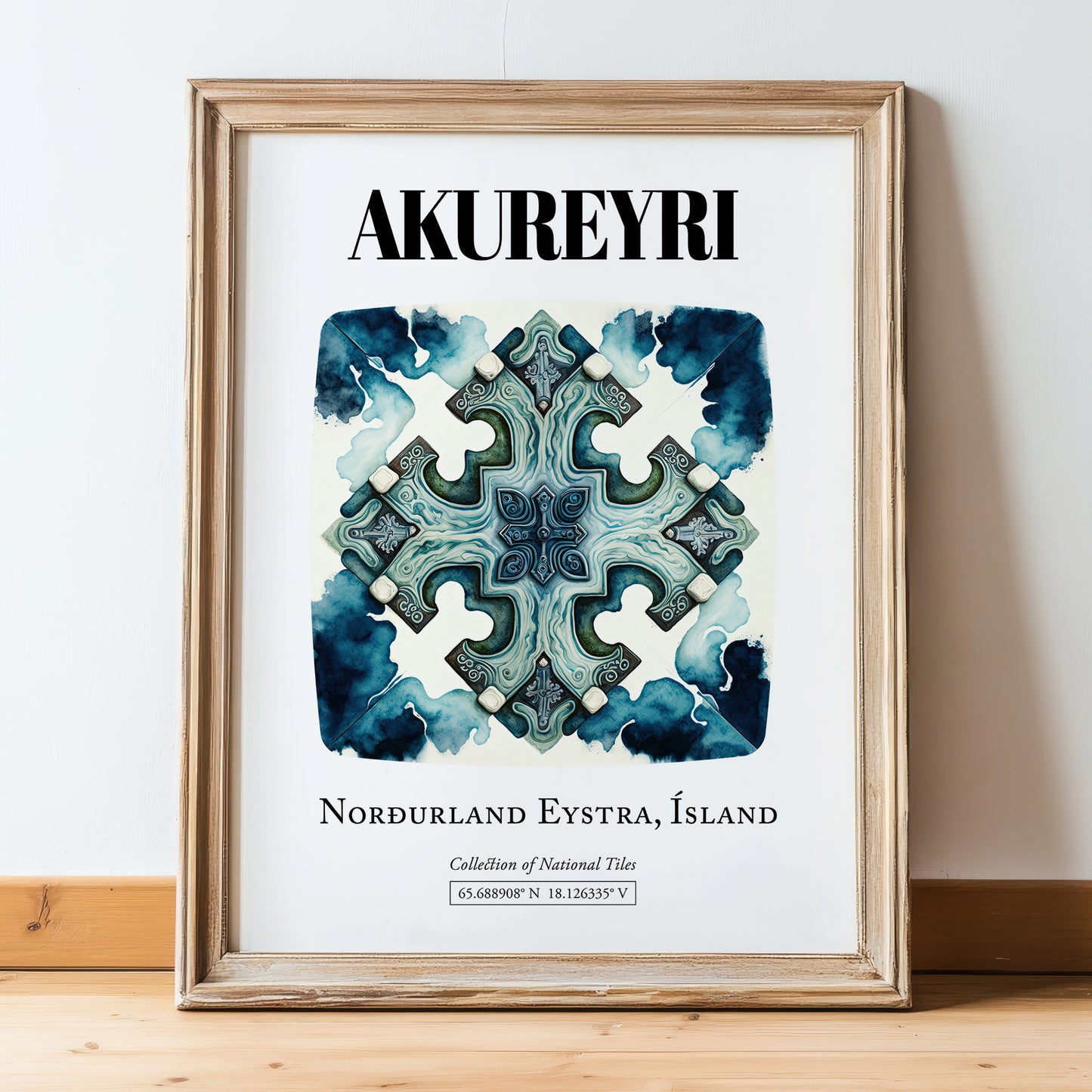 Akureyri, Iceland – Travel Wall Art, in wooden frame leaning on the floor
