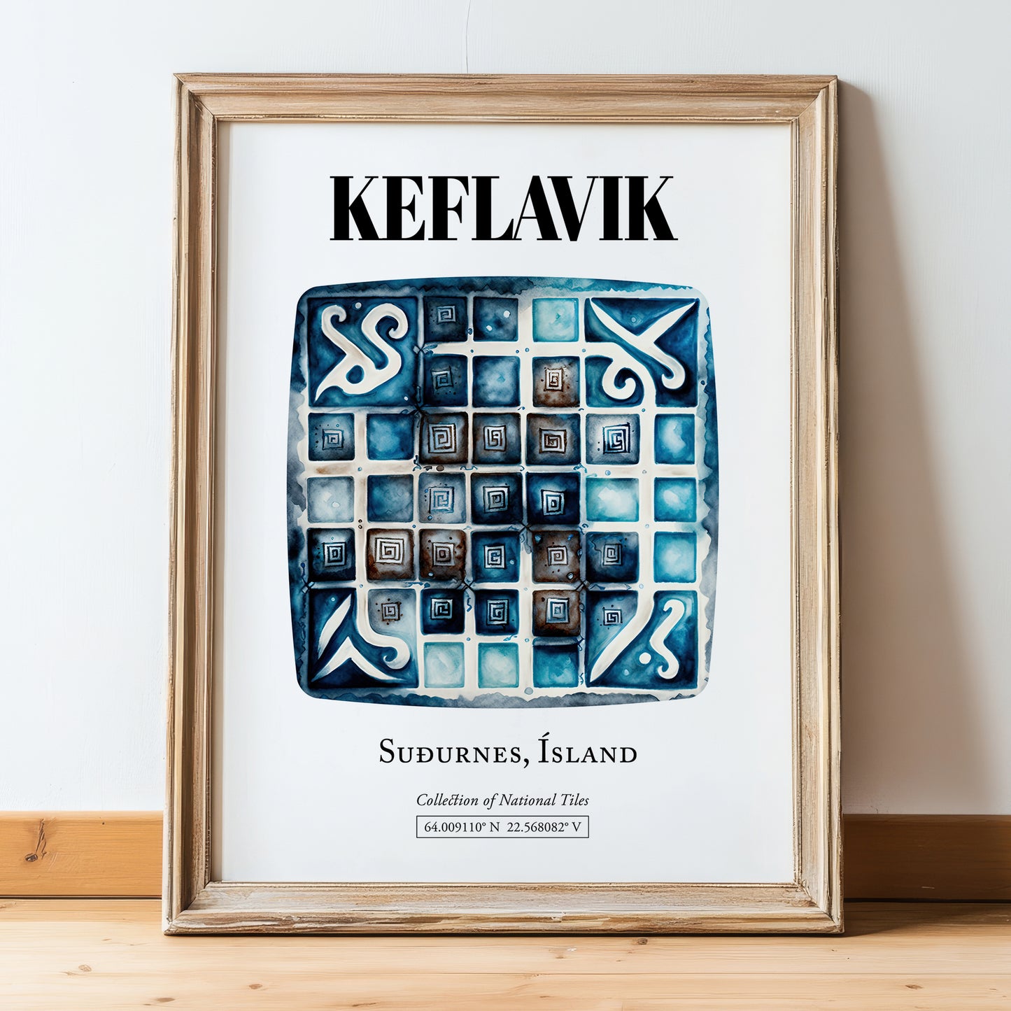 Keflavik, Iceland – Tourist Destination Poster, in wooden frame leaning on the floor