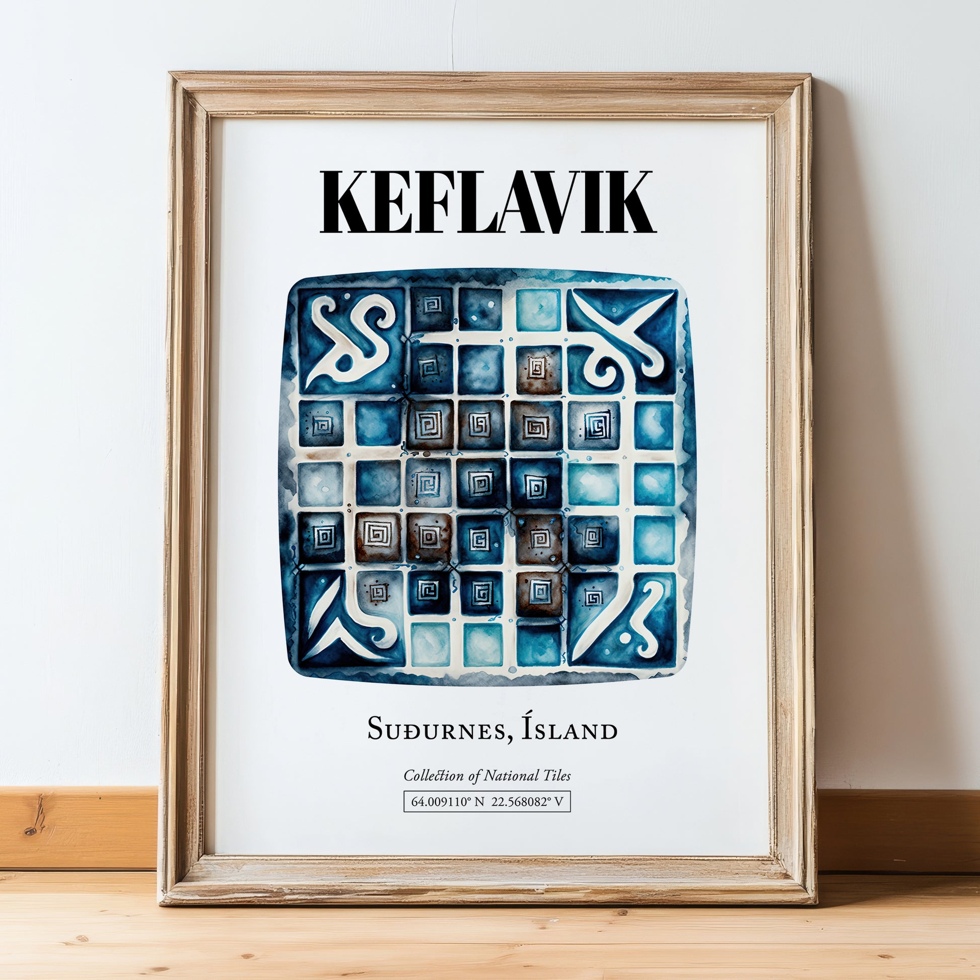 Keflavik, Iceland – Tourist Destination Poster, in wooden frame leaning on the floor
