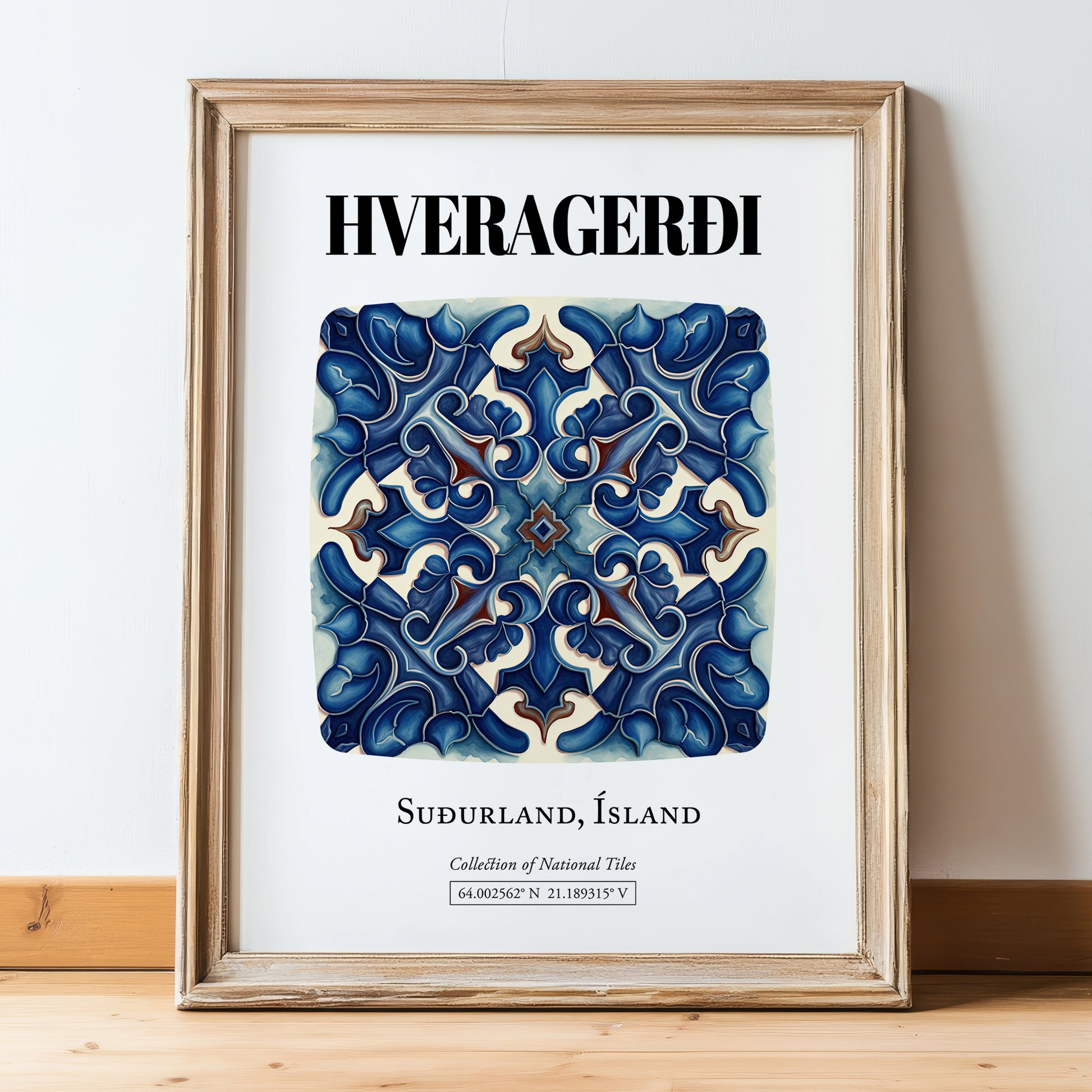 Hveragerði, Iceland – Travel Print, in wooden frame leaning on the floor