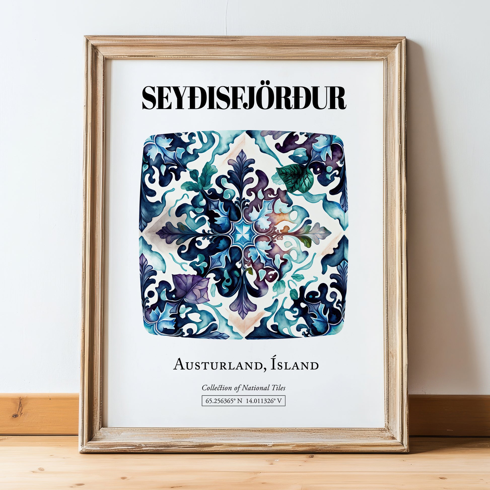 Seyðisfjörður, Iceland – Travel Poster, in wooden frame leaning on the floor