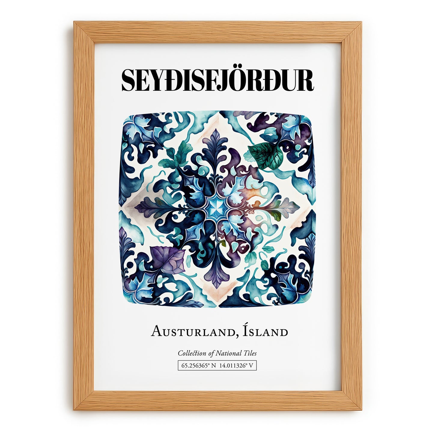 Seyðisfjörður, Iceland – Travel Poster, set in oak frame