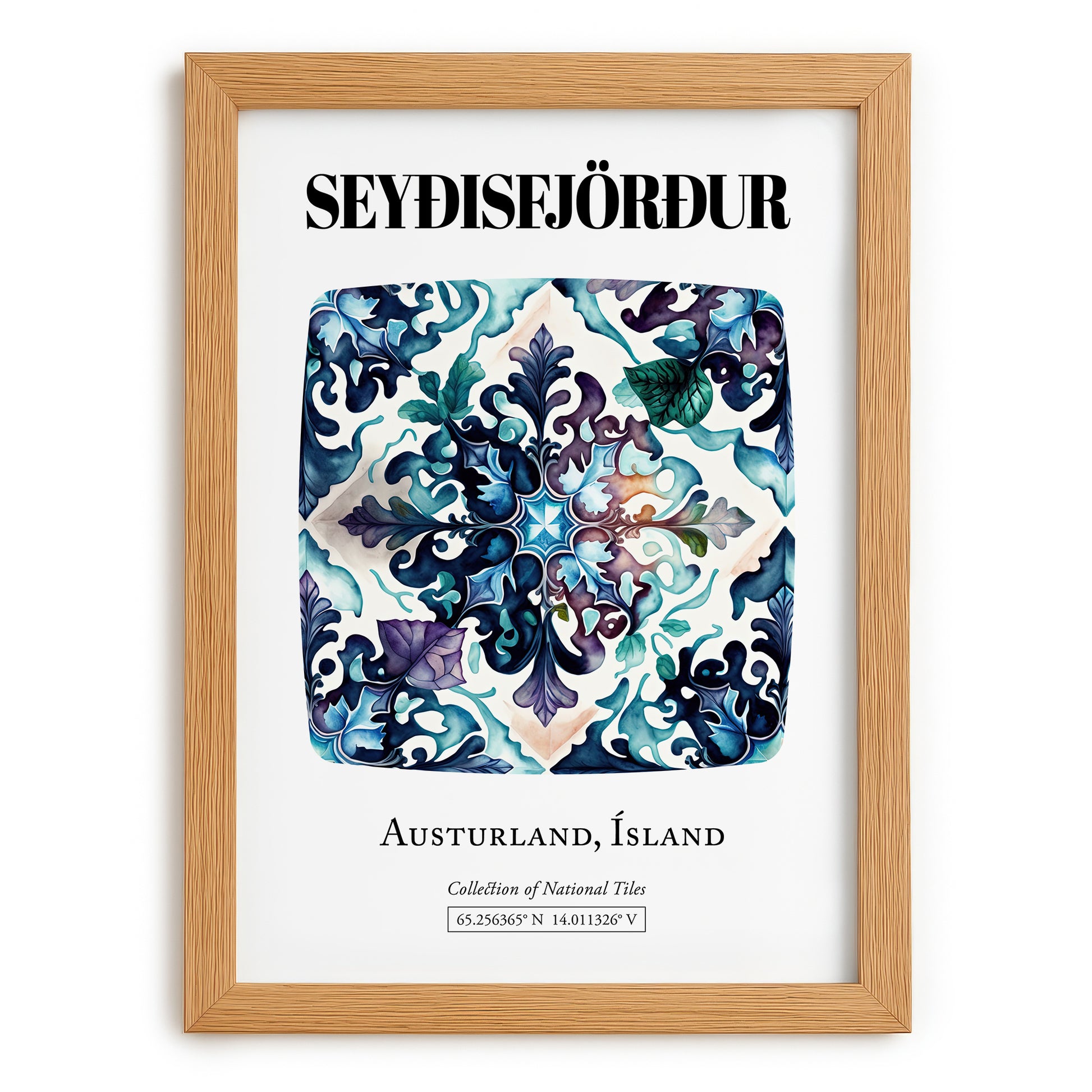 Seyðisfjörður, Iceland – Travel Poster, set in oak frame