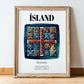 Ísland, Iceland – World Heritage Travel Poster, in wooden frame leaning on the floor