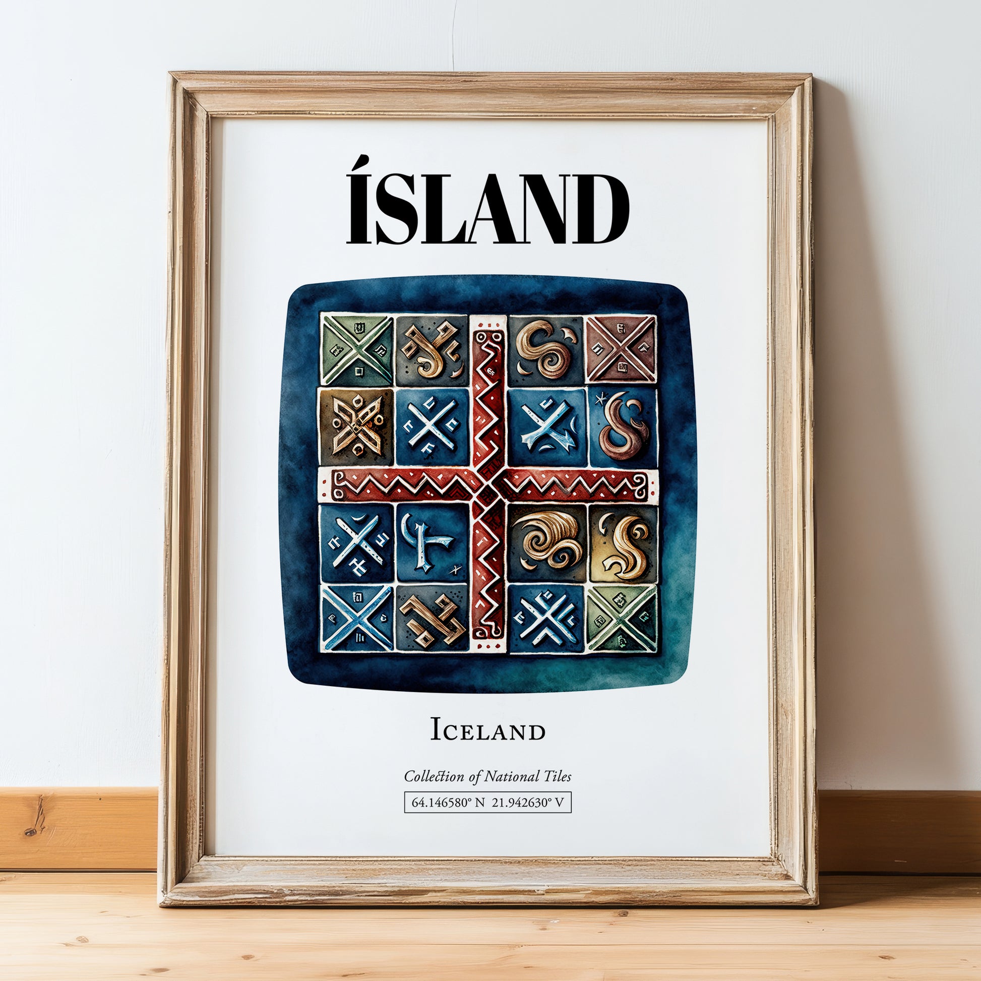 Ísland, Iceland – World Heritage Travel Poster, in wooden frame leaning on the floor