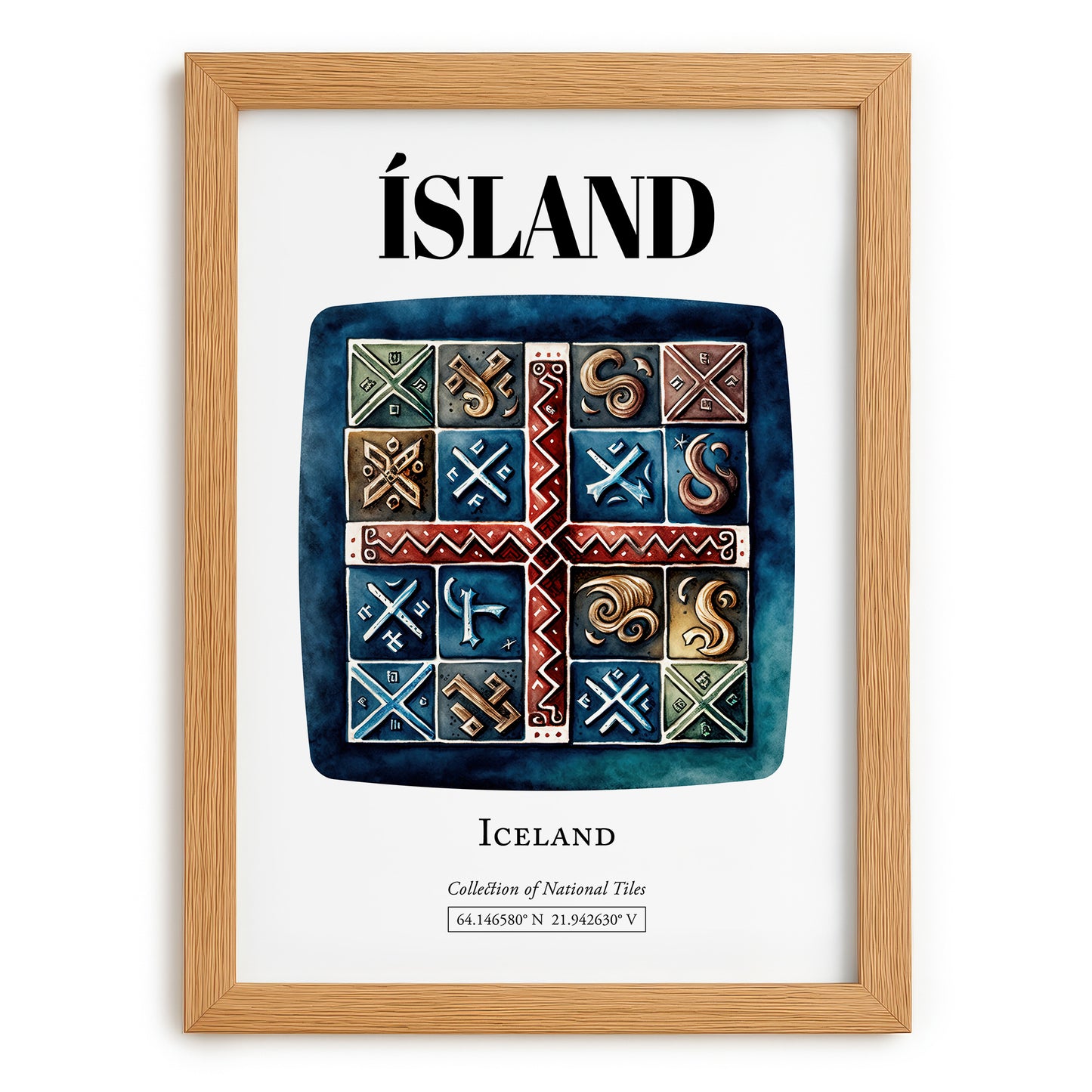 Ísland, Iceland – World Heritage Travel Poster, set in oak frame