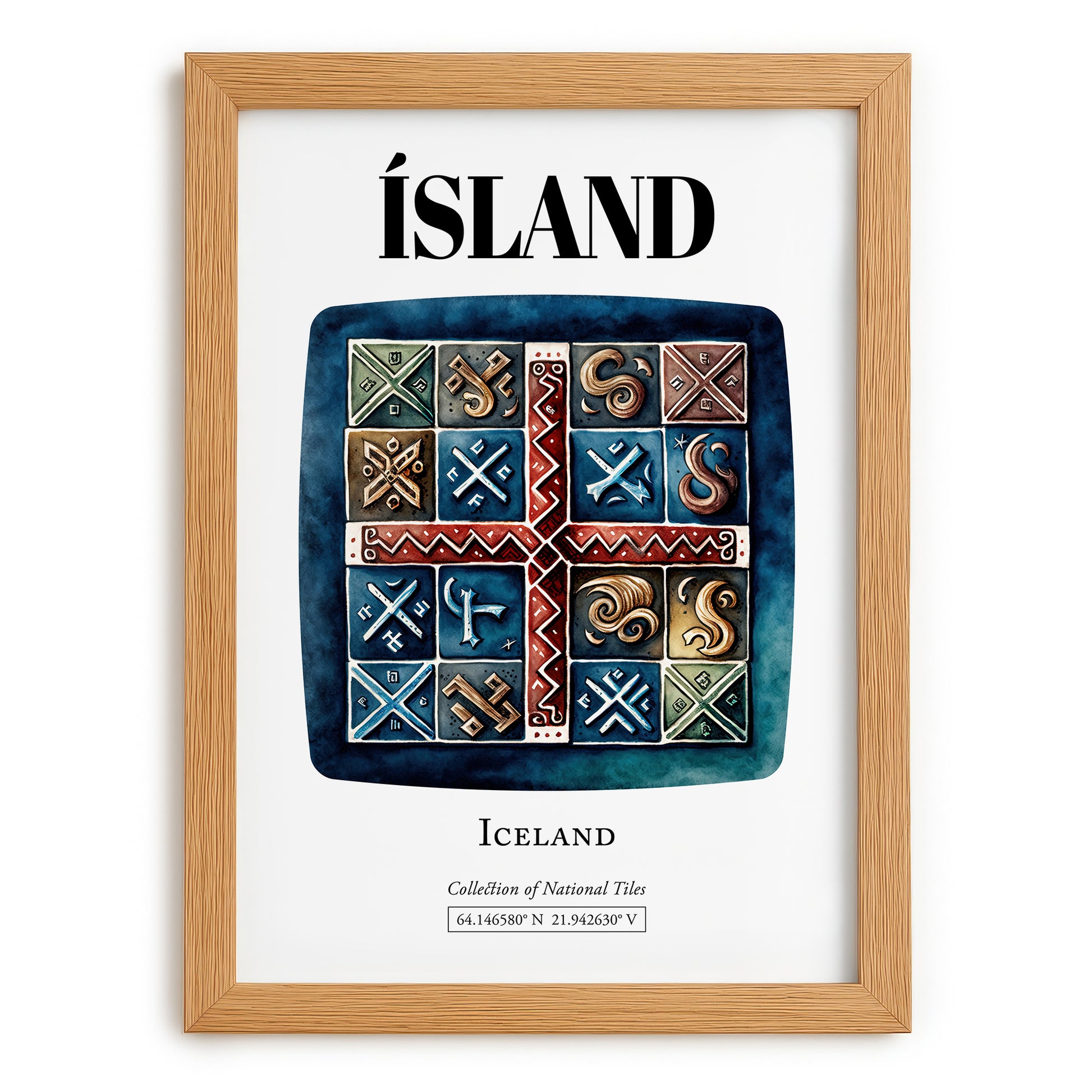 Ísland, Iceland – World Heritage Travel Poster, set in oak frame