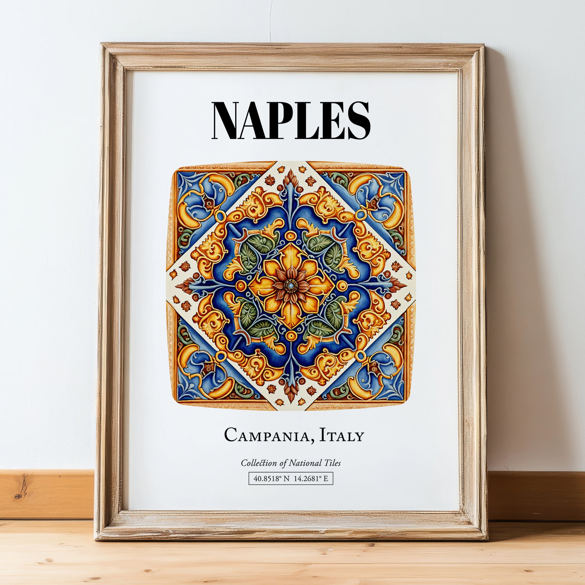 Naples, Italy – Travel Print, in wooden frame leaning on the floor