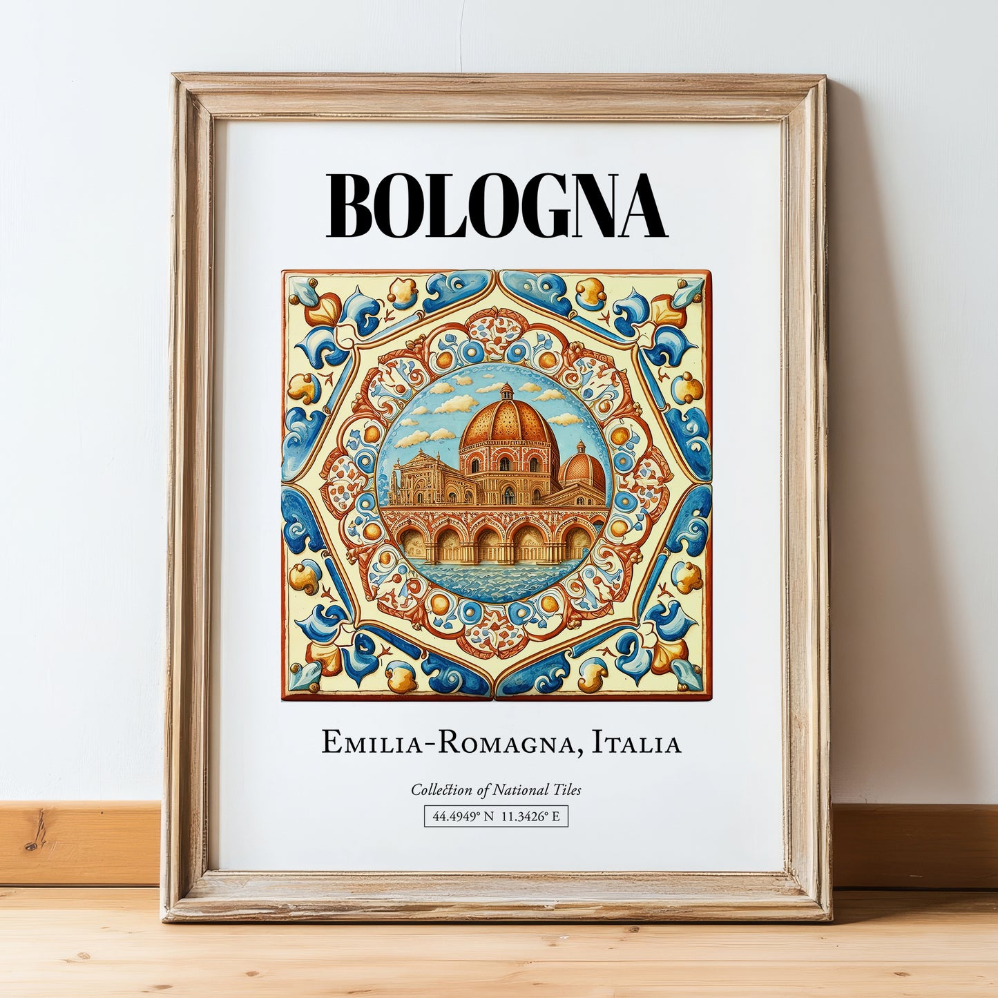 Bologna, Italy – Retro Travel Poster, in wooden frame leaning on the floor