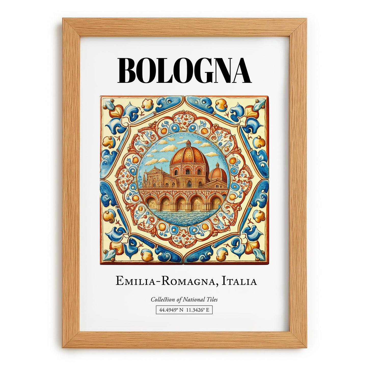 Bologna, Italy – Retro Travel Poster, set in oak frame
