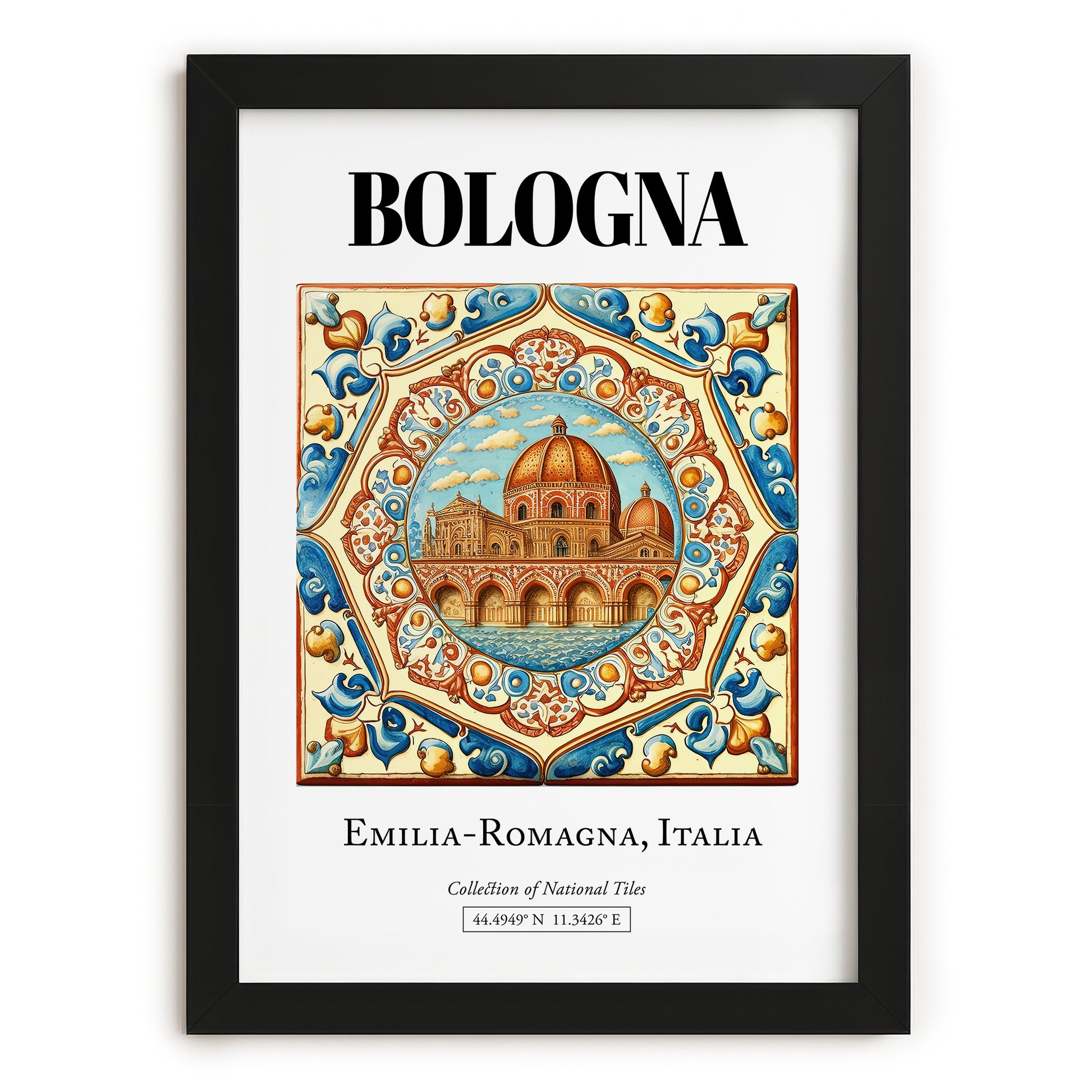 Bologna, Italy – Retro Travel Poster, in sleek black frame
